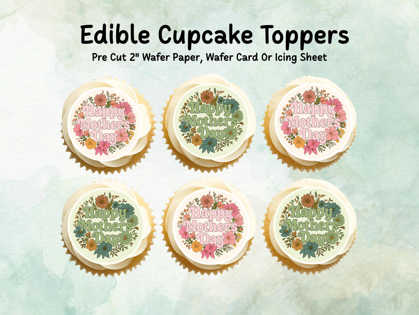 Happy Mother's Day Edible Cupcake Toppers 12 x 2" – Pre cut Wafer Paper, Card or Icing Sheet, Cookie Decoration