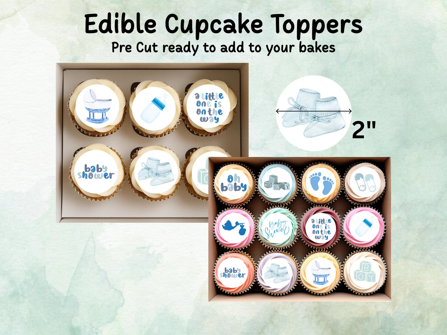 Blue Baby Shower Edible Cupcake Toppers 12 x 2"– Pre cut Wafer Paper, Card or Icing Sheet, New Baby Boy Cake Decoration