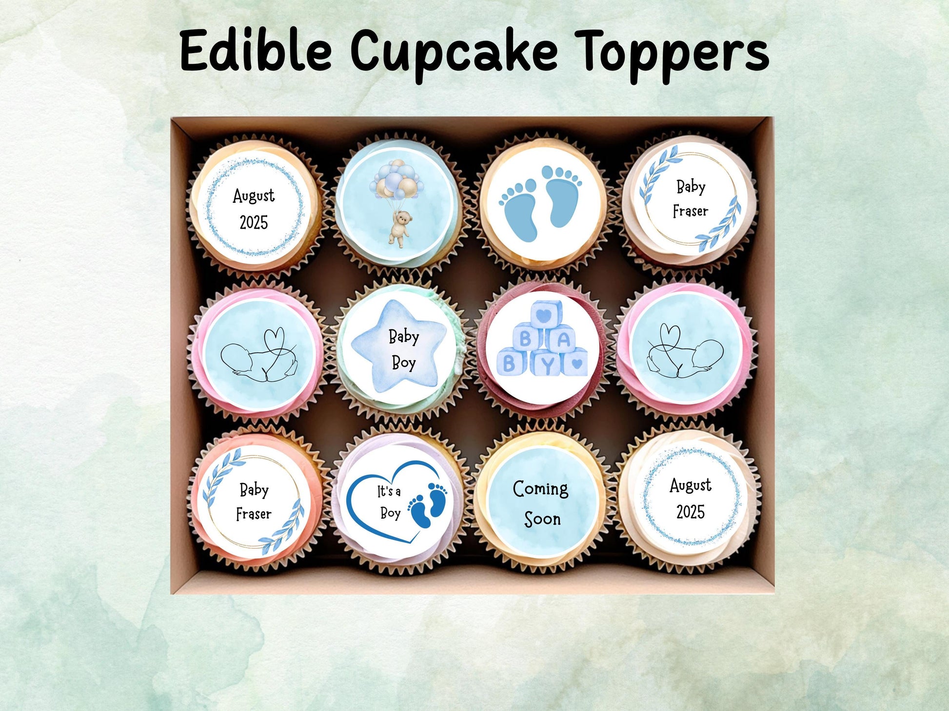 Blue Baby Shower Edible Cupcake Toppers 12 x 2" – Personalised Pre cut Wafer Paper, Card or Icing Sheet, Customisable Cake Decoration