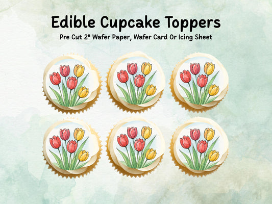 Tulip Floral Edible Cupcake Toppers 12 x 2" – Pre cut Wafer Paper, Card or Icing Sheet, Watercolor Pink Flower Cake and Cookie Decoration