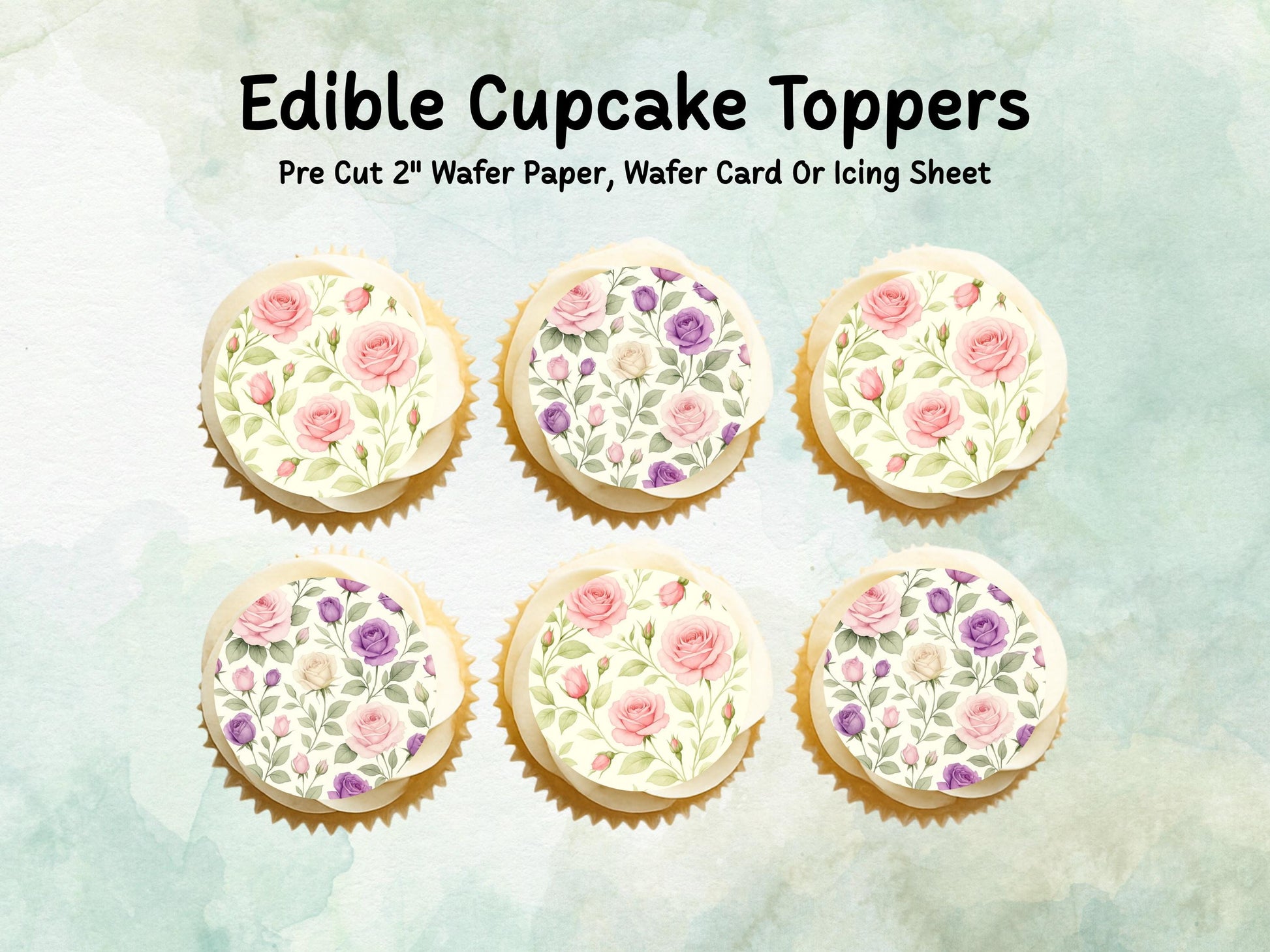 Rose Floral Edible Cupcake Toppers 12 x 2" – Pre cut Wafer Paper, Card or Icing Sheet, Watercolor Pink Flower Cake and Cookie Decoration