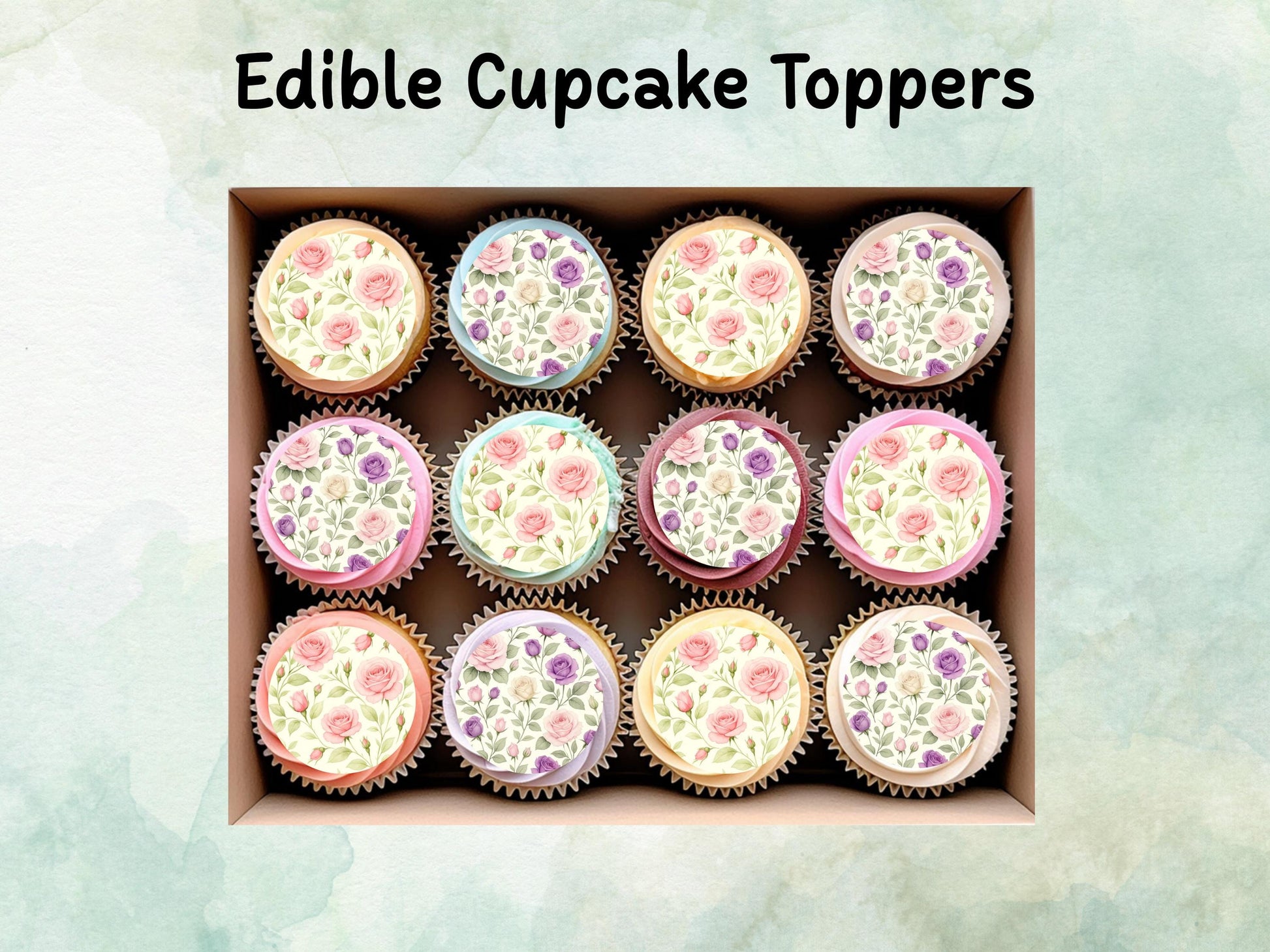 Rose Floral Edible Cupcake Toppers 12 x 2" – Pre cut Wafer Paper, Card or Icing Sheet, Watercolor Pink Flower Cake and Cookie Decoration