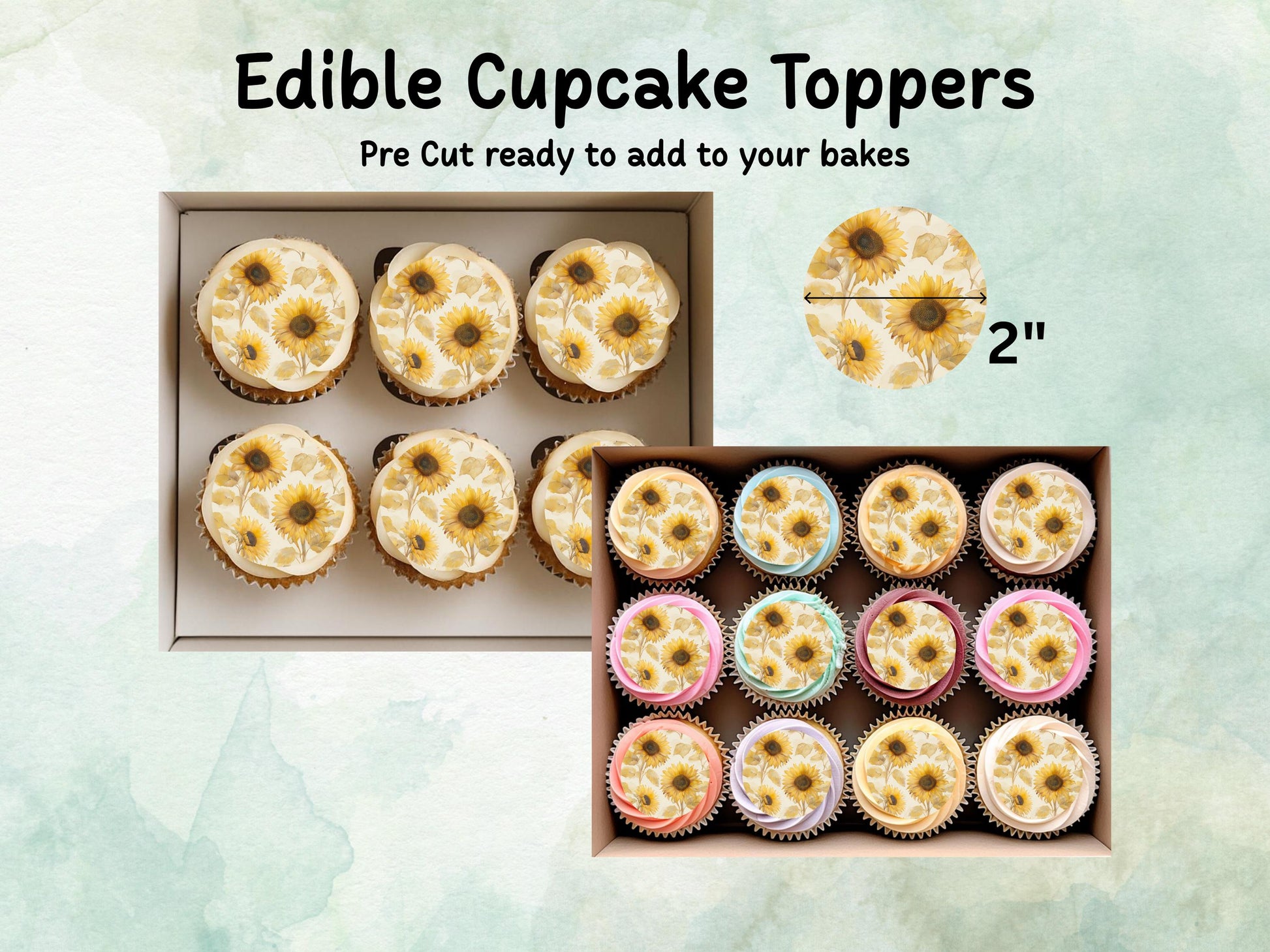 Sunflower Floral Edible Cupcake Toppers 12 x 2" – Pre cut Wafer Paper, Card or Icing Sheet, Watercolor Yellow Flower Cake Decoration