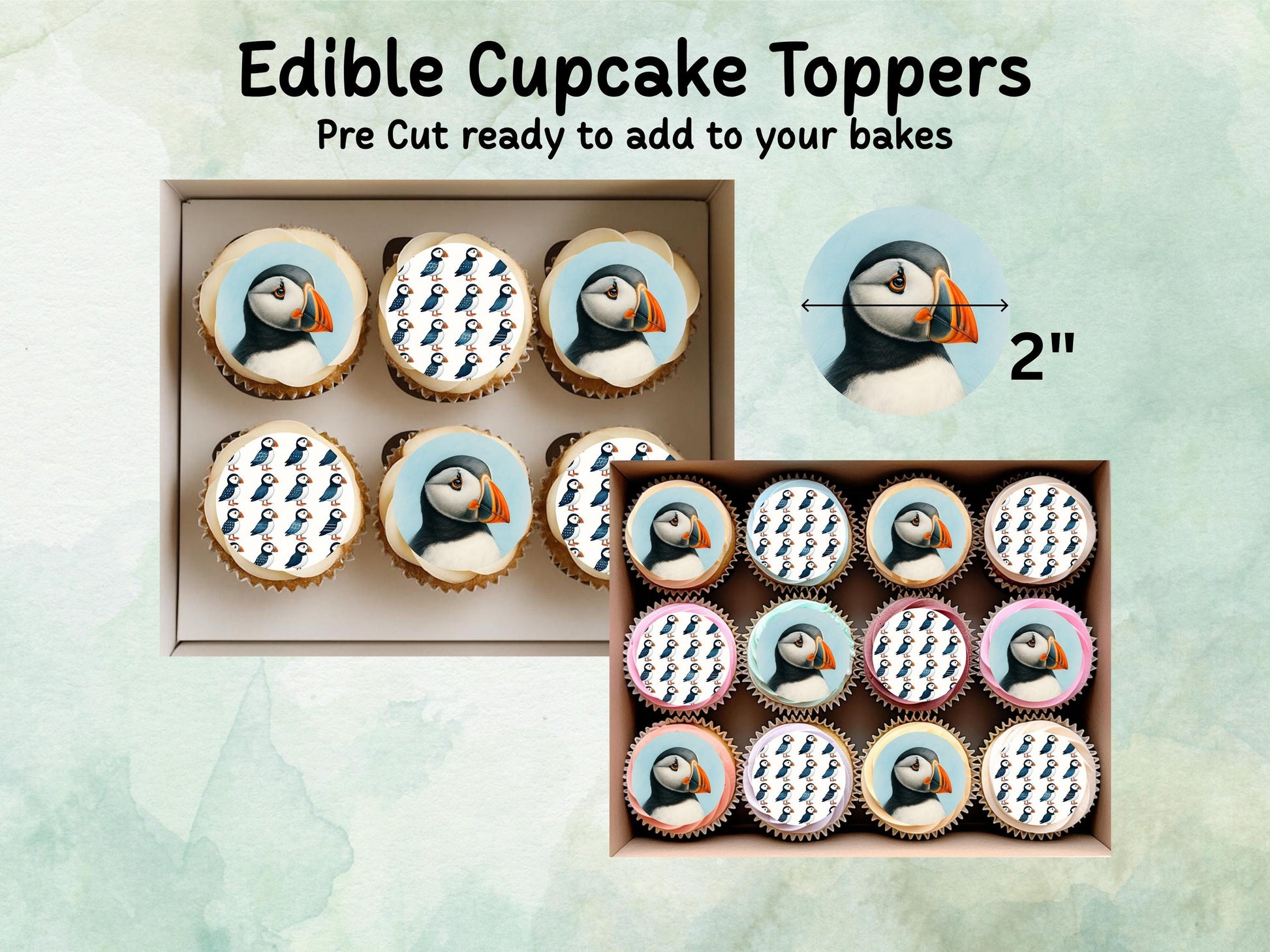 Puffin Edible Cupcake Toppers 12 x 2"– Pre cut Wafer Paper, Card or Icing Sheet, Puffin Cake Decoration, Seaside Toppers