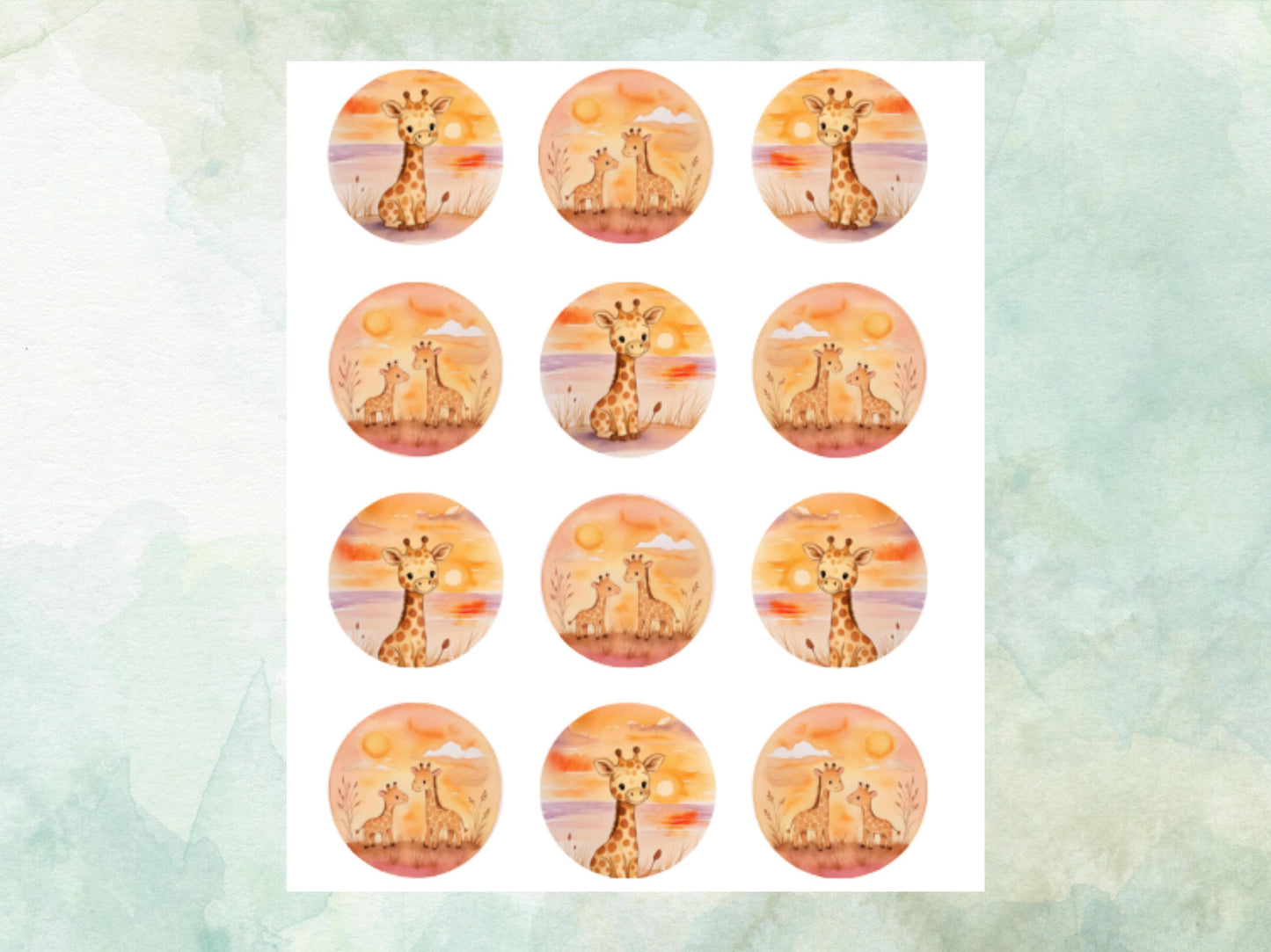 Cute Giraffe Edible Cupcake Toppers 12 x 2"– Pre cut Wafer Paper, Card or Icing Sheet, Giraffe Cake Decoration