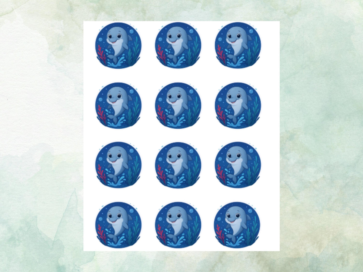 Cute Dolphin Edible Cupcake Toppers 12 x 2"– Pre cut Wafer Paper, Card or Icing Sheet, Under-The-Sea Cake Decoration, Dolphin Cake