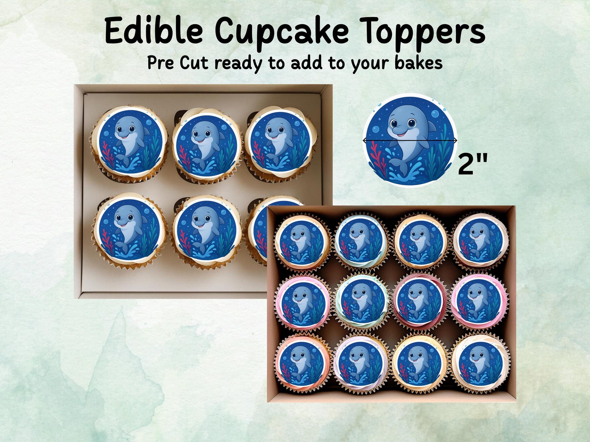 Cute Dolphin Edible Cupcake Toppers 12 x 2"– Pre cut Wafer Paper, Card or Icing Sheet, Under-The-Sea Cake Decoration, Dolphin Cake