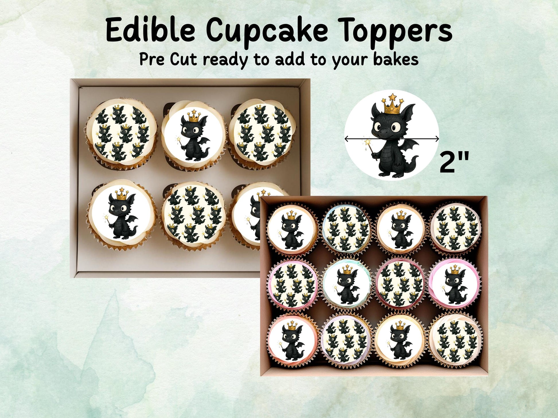 Dragon Edible Cupcake Toppers 12 x 2"– Pre cut Wafer Paper, Card or Icing Sheet, Cute Dragon Cake Decoration
