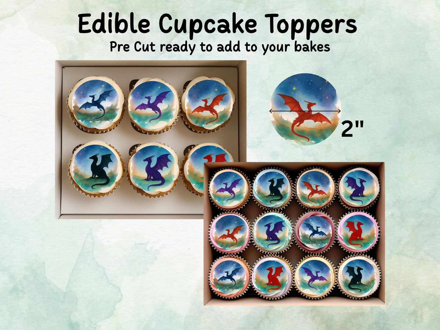 Dragon Edible Cupcake Toppers 12 x 2"– Pre cut Wafer Paper, Card or Icing Sheet, Fantasy Dragon Cake Decoration