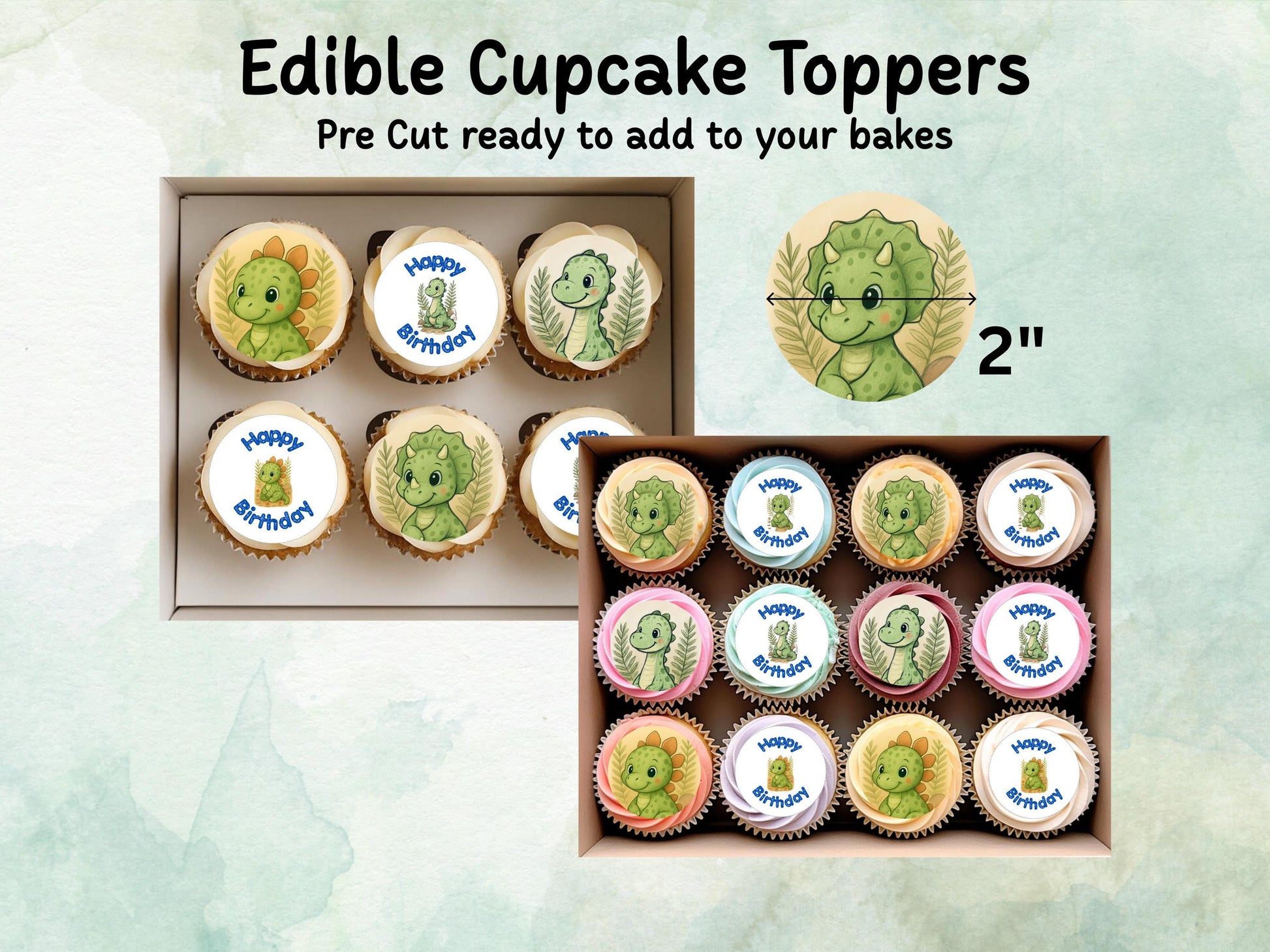 Dinosaur Edible Cupcake Toppers 12 x 2" – Pre cut Wafer Paper, Card or Icing Sheet, Cupcakes, Cookies, Cake, Birthday, Cute Dinosaur