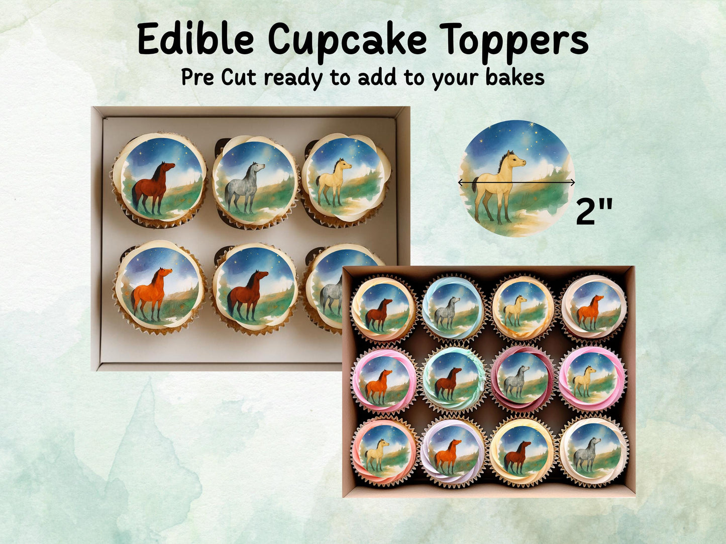 Magical Horse Edible Cupcake Toppers 12 x 2"– Pre cut Wafer Paper, Card or Icing Sheet, Pony Birthday, Cookies, Cake, Horse Decoration