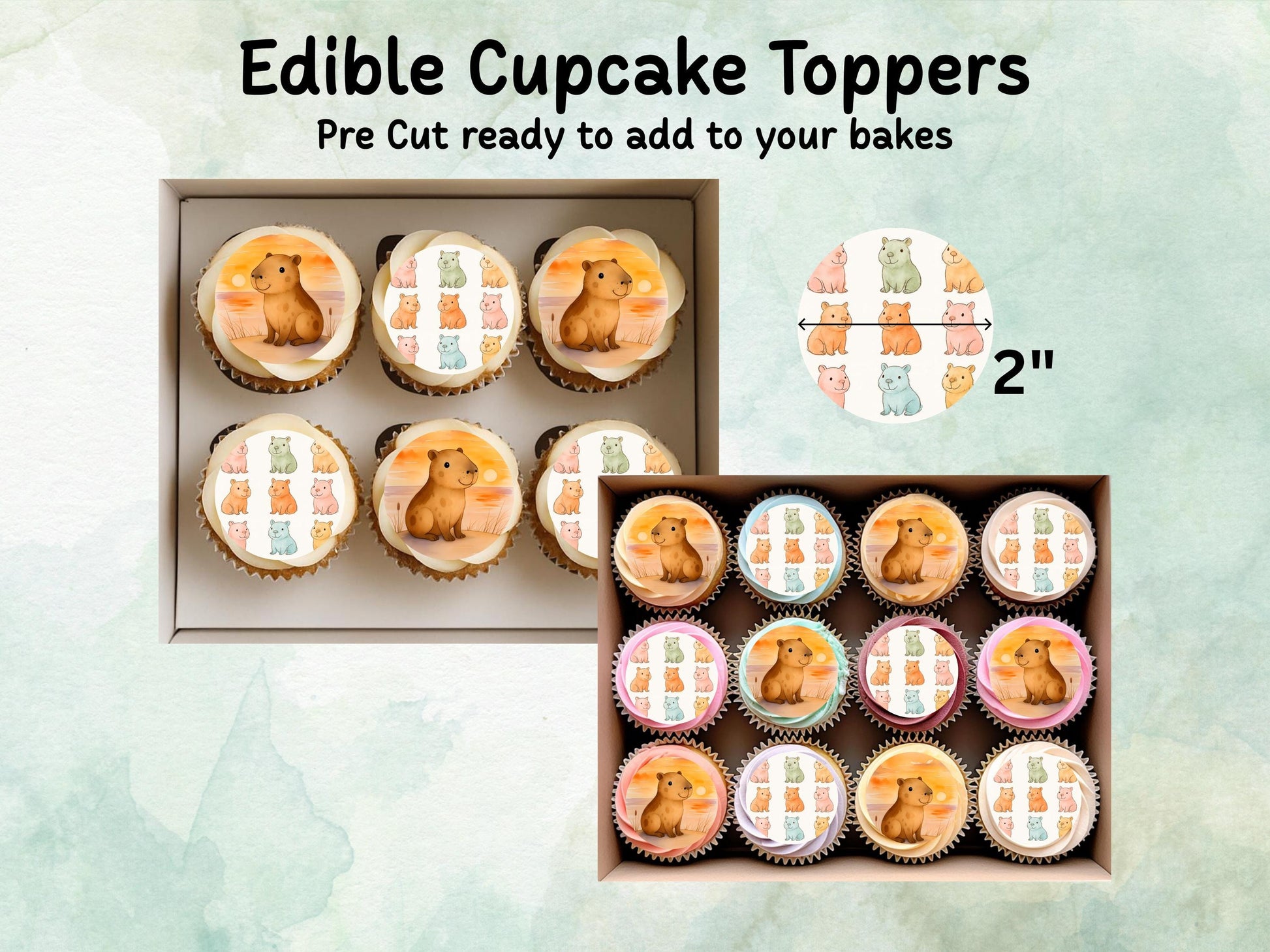 Cute Capybara Edible Cupcake Toppers 12 x 2"– Pre cut Wafer Paper, Card or Icing Sheet, Birthday, Cookies, Cake, Capybara Decorations