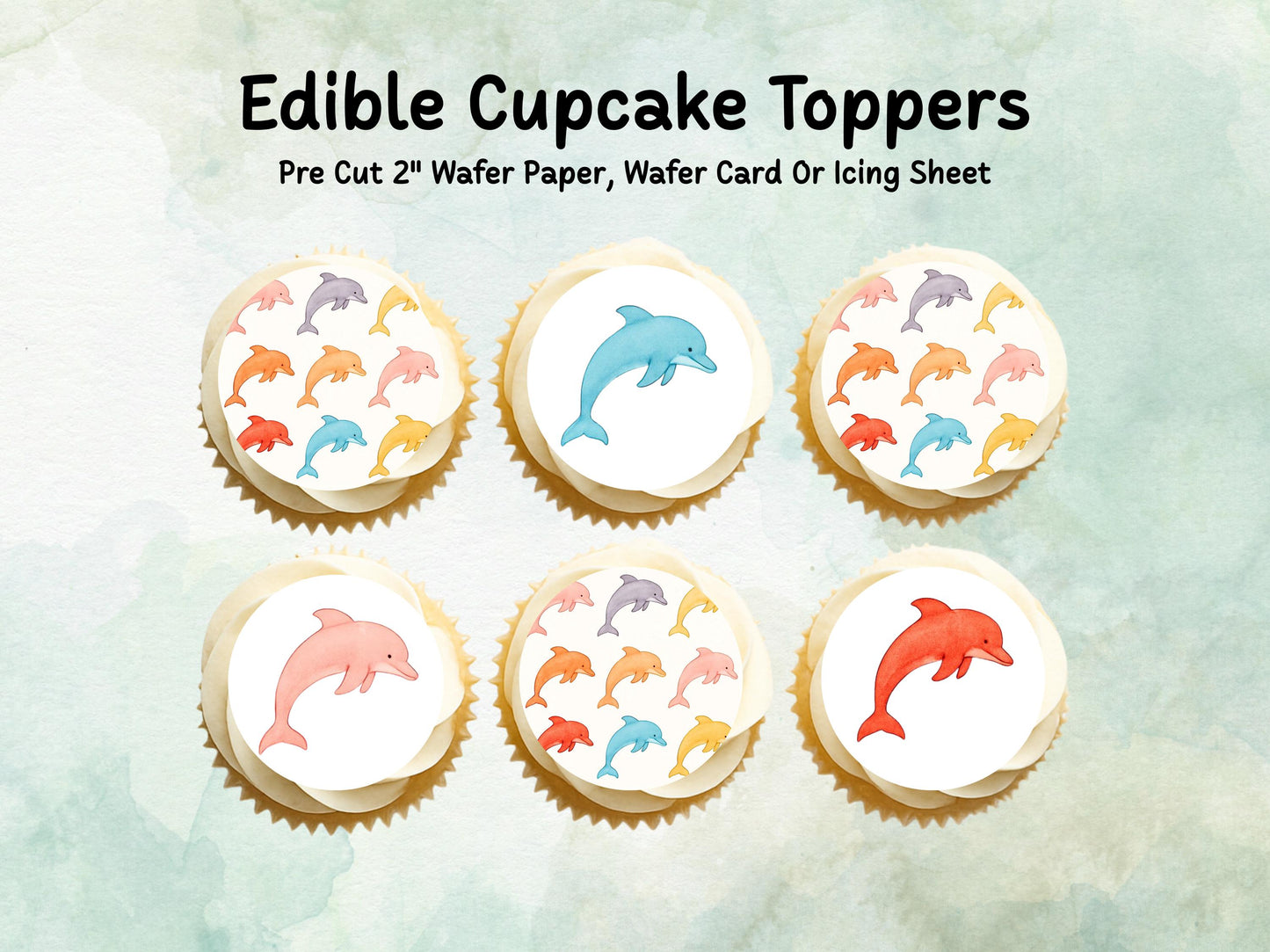 Dolphin Edible Cupcake Toppers 12 x 2"– Pre cut Wafer Paper, Card or Icing Sheet, Birthday, Cupcakes, Cookies, Cake, Dolphin Decoration
