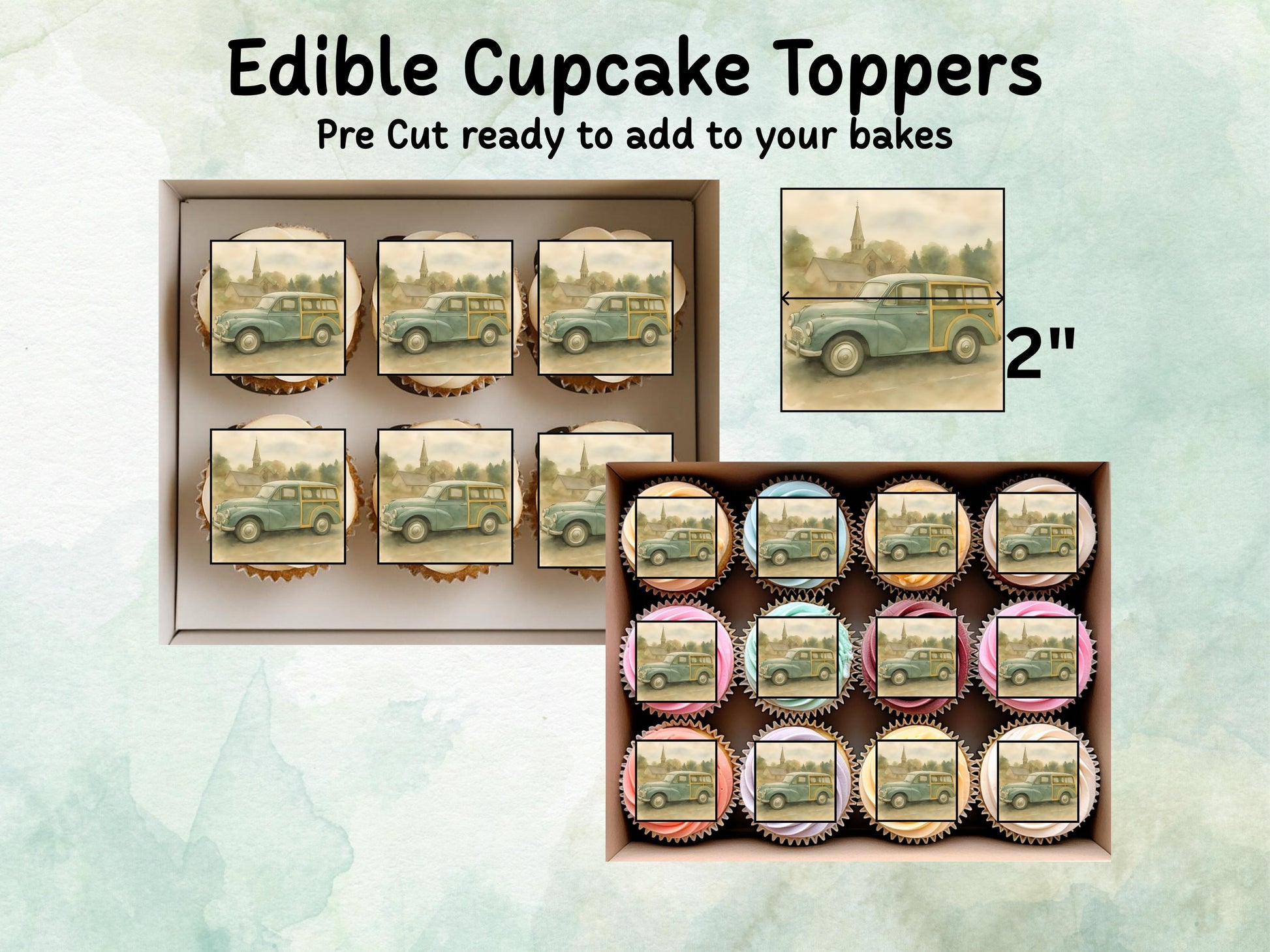 Morris Minor Edible Cupcake Toppers 12 x 2" – Pre cut Wafer Paper, Card or Icing Sheet, Cupcakes, Cookies, Cake, Birthday, Classic Cars