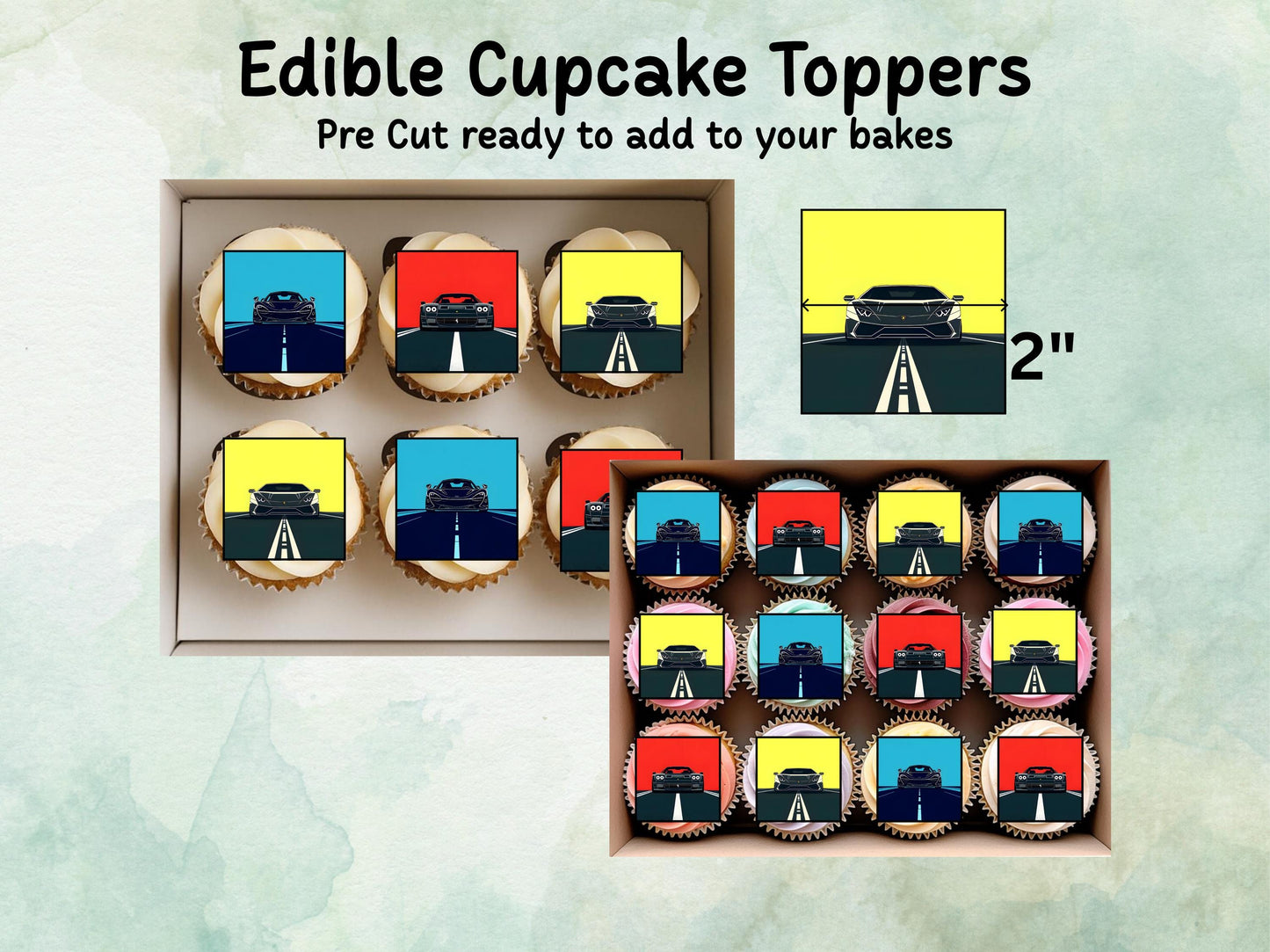 Sports Car Edible Cupcake Toppers 12 x 2" – Pre cut Wafer Paper, Card or Icing Sheet, Racing Party Decorations, Fast Car Birthday Topper