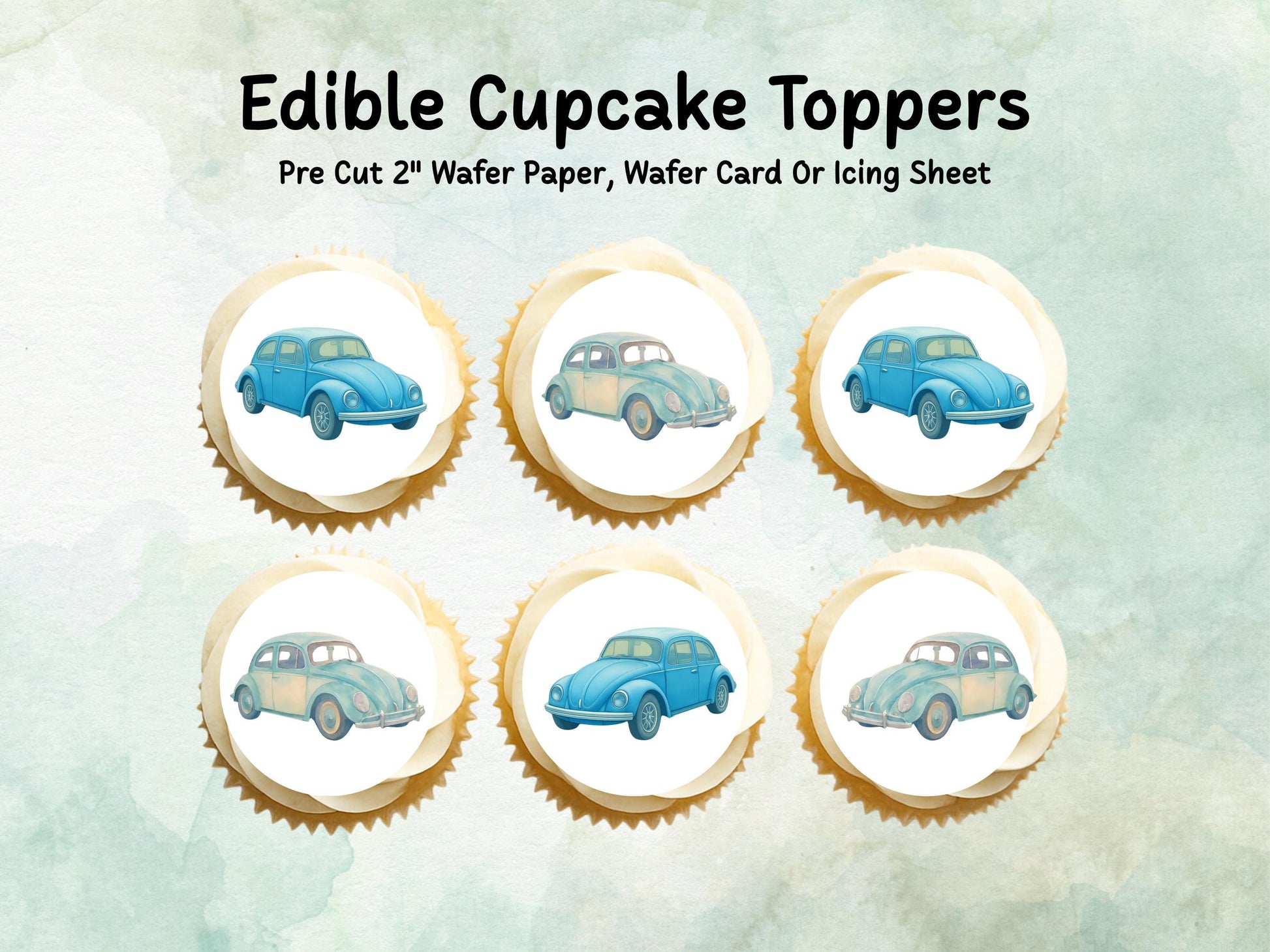 VW Beetle Edible Cupcake Toppers 12 x 2"– Pre cut Wafer Paper, Card or Icing Sheet, Classic Car Party Cake Decorations