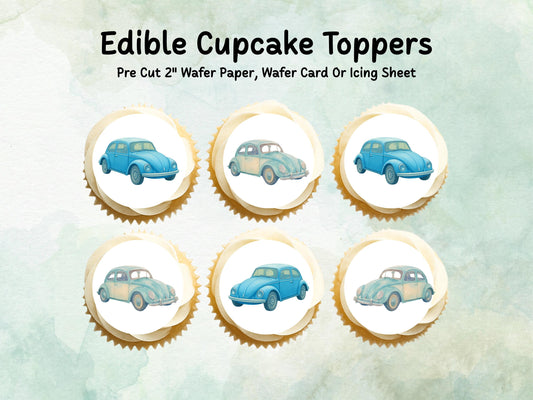 VW Beetle Edible Cupcake Toppers 12 x 2"– Pre cut Wafer Paper, Card or Icing Sheet, Classic Car Party Cake Decorations
