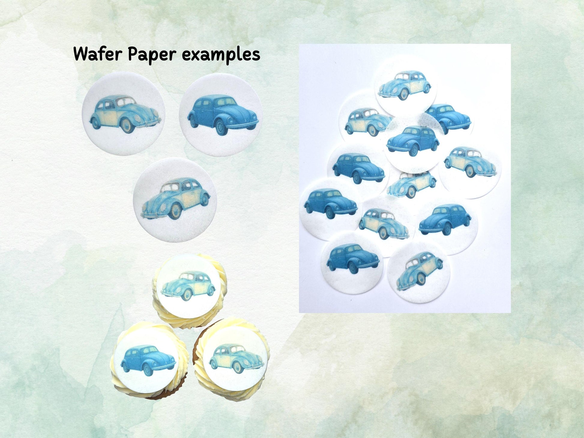 VW Beetle Edible Cupcake Toppers 12 x 2"– Pre cut Wafer Paper, Card or Icing Sheet, Classic Car Party Cake Decorations
