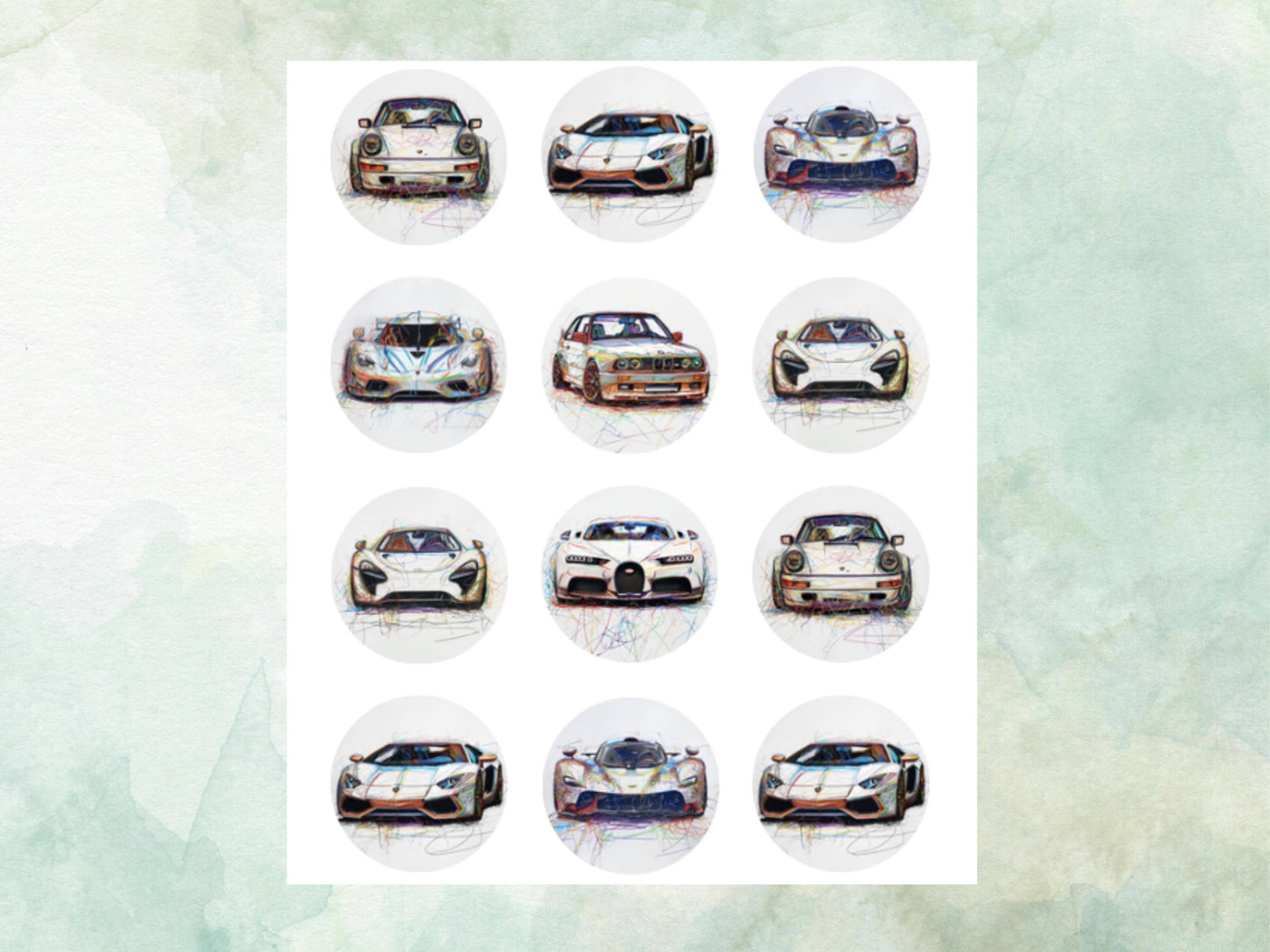 Sports Car Edible Cupcake Toppers 12 x 2"– Pre cut Wafer Paper, Card or Icing Sheet, Cupcakes, Cookies, Cake, Birthday, Cars