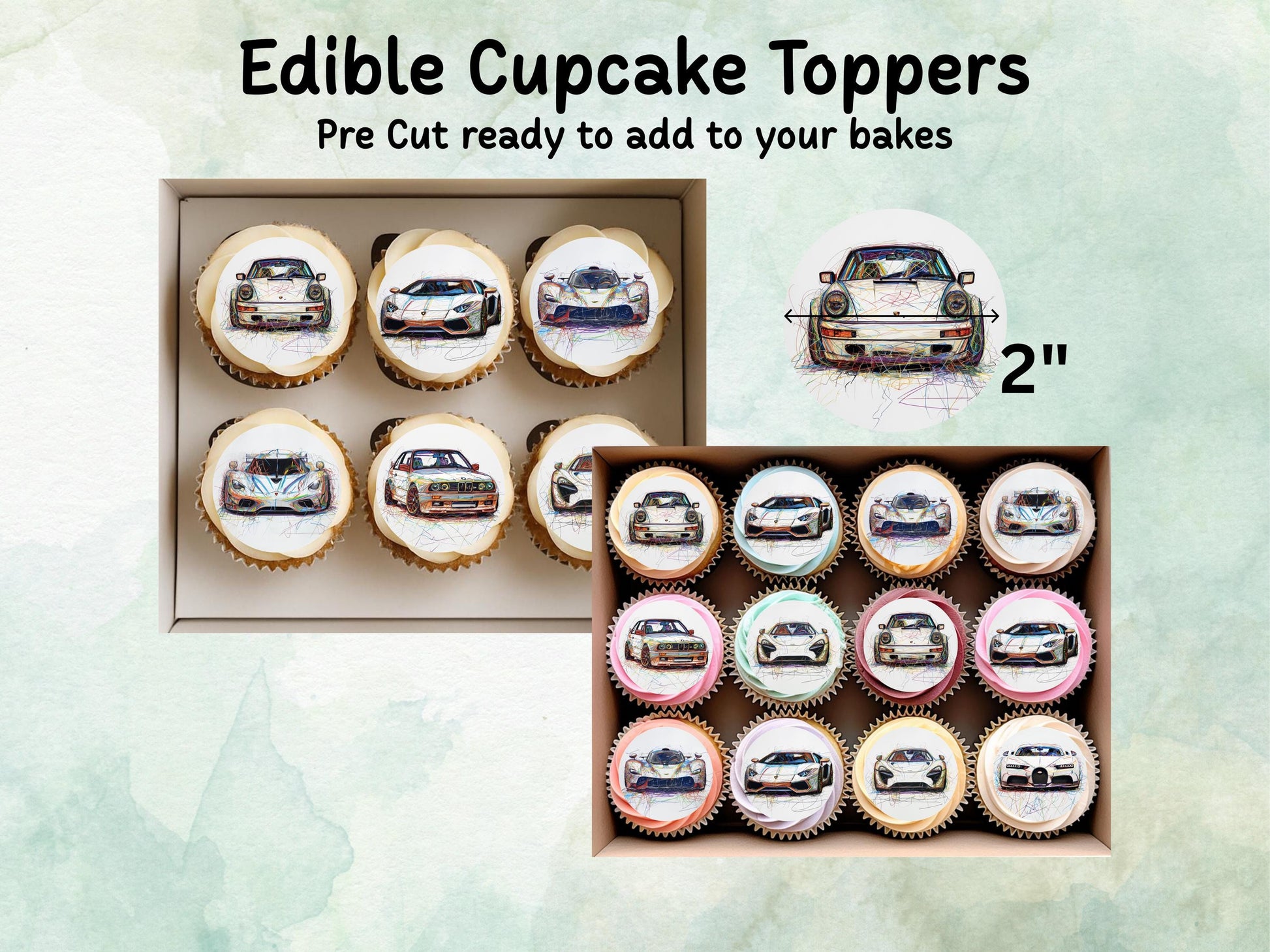Sports Car Edible Cupcake Toppers 12 x 2"– Pre cut Wafer Paper, Card or Icing Sheet, Cupcakes, Cookies, Cake, Birthday, Cars