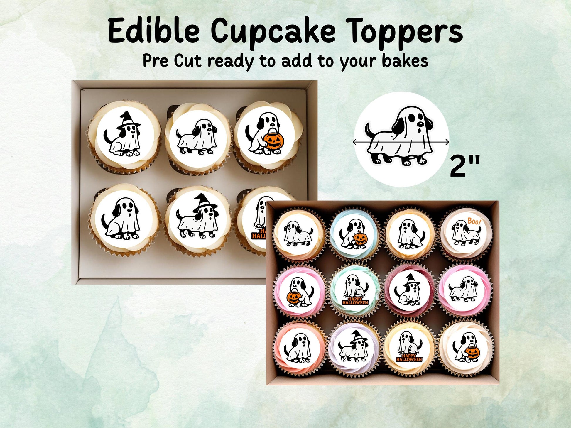 Ghost Dog Halloween Edible Cupcake Toppers 12 x 2" – Pre cut Wafer Paper, Card or Icing Sheet, Halloween Party Decoration