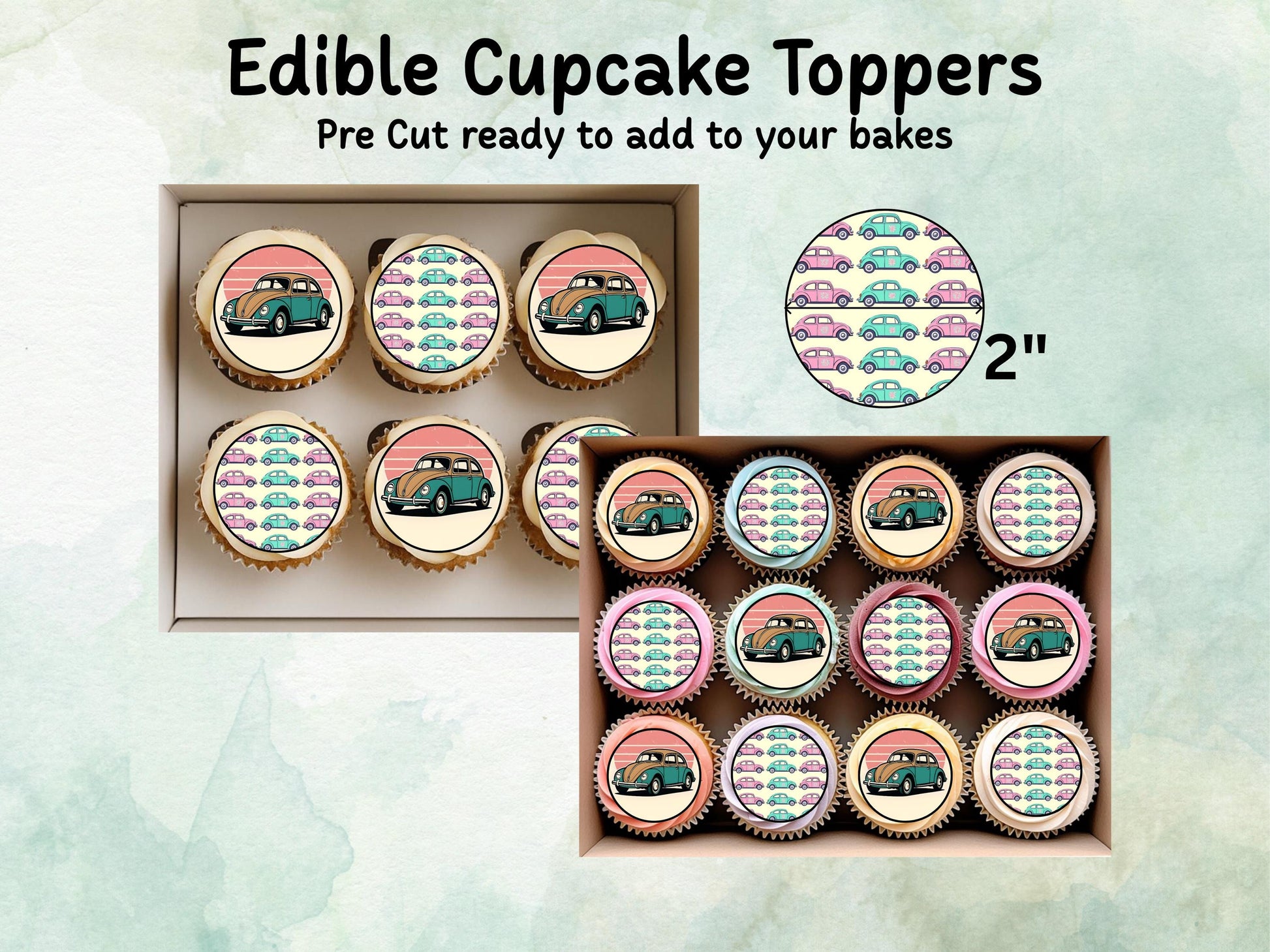 VW Beetle Edible Cupcake Toppers 12 x 2"– Pre cut Wafer Paper, Card or Icing Sheet, Beetle Cake Decoration