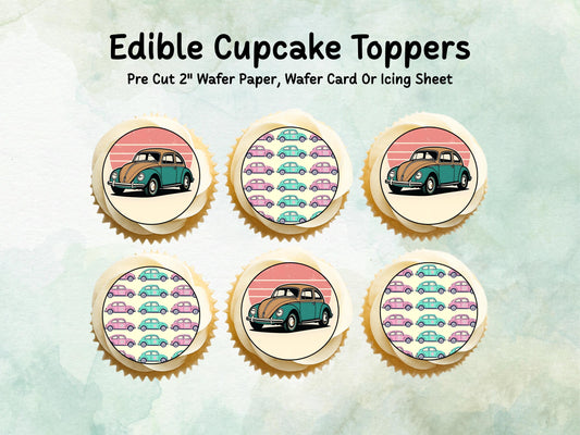 VW Beetle Edible Cupcake Toppers 12 x 2"– Pre cut Wafer Paper, Card or Icing Sheet, Beetle Cake Decoration