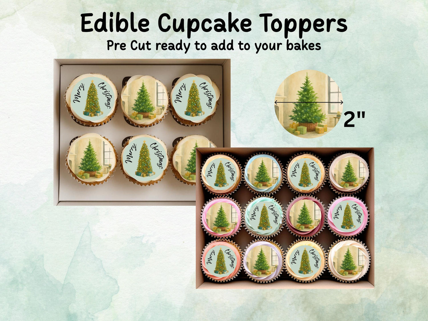 Christmas Edible Cupcake Toppers 12 x 2" – Pre cut Wafer Paper, Card or Icing Sheet, Merry Christmas Tree Festive Cupcakes