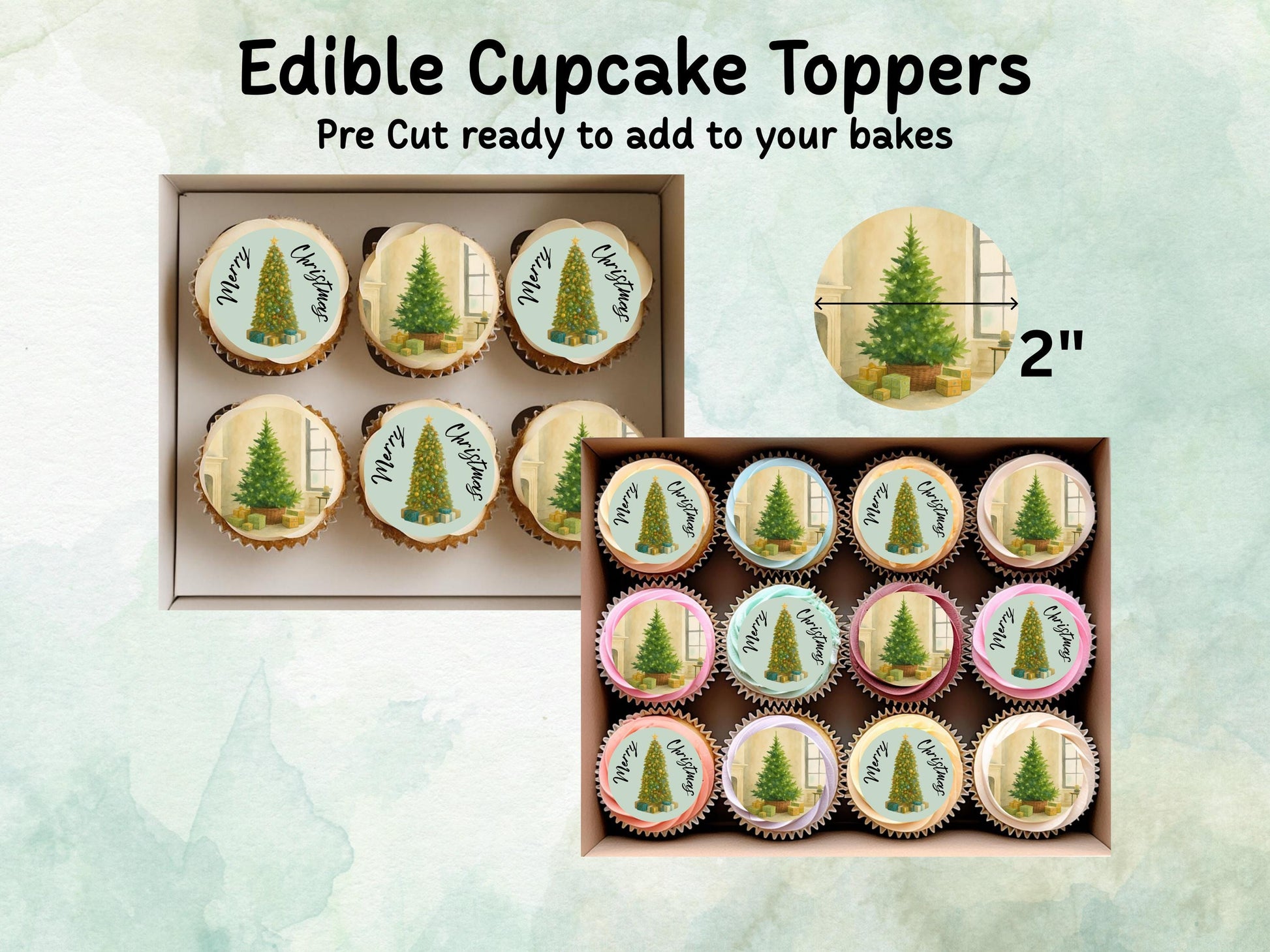 Christmas Edible Cupcake Toppers 12 x 2" – Pre cut Wafer Paper, Card or Icing Sheet, Merry Christmas Tree Festive Cupcakes