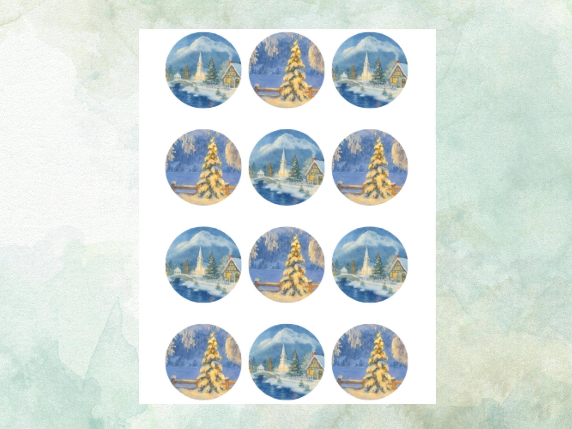 Vintage Christmas Village Edible Cupcake Toppers 12 x 2" – Pre cut Wafer Paper, Card or Icing Sheet, Festive Merry Christmas Snowy Scene