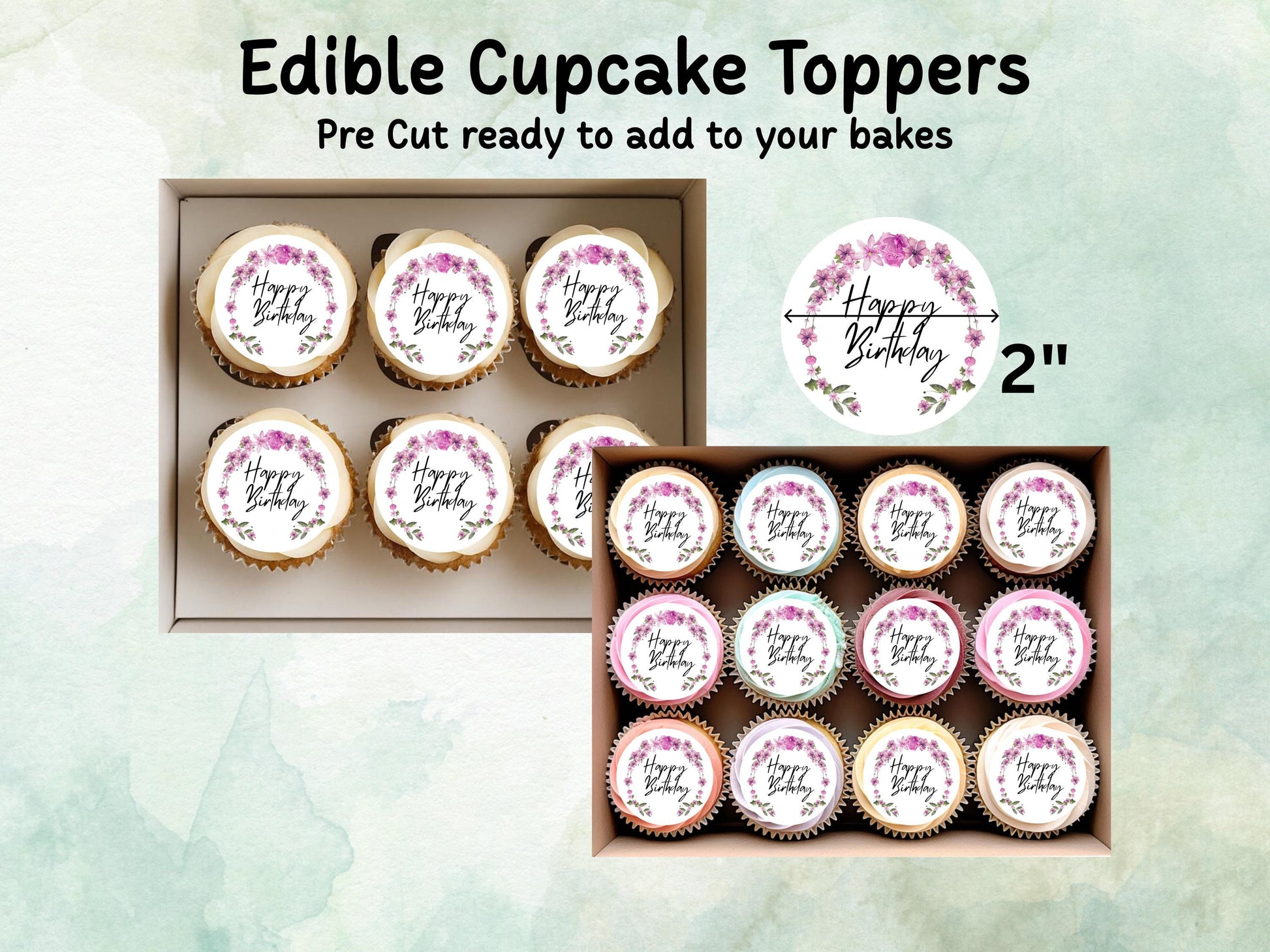 Happy Birthday Edible Cupcake Toppers 12 x 2"– Pre cut Wafer Paper, Card or Icing Sheet, Floral Birthday Cake Toppers