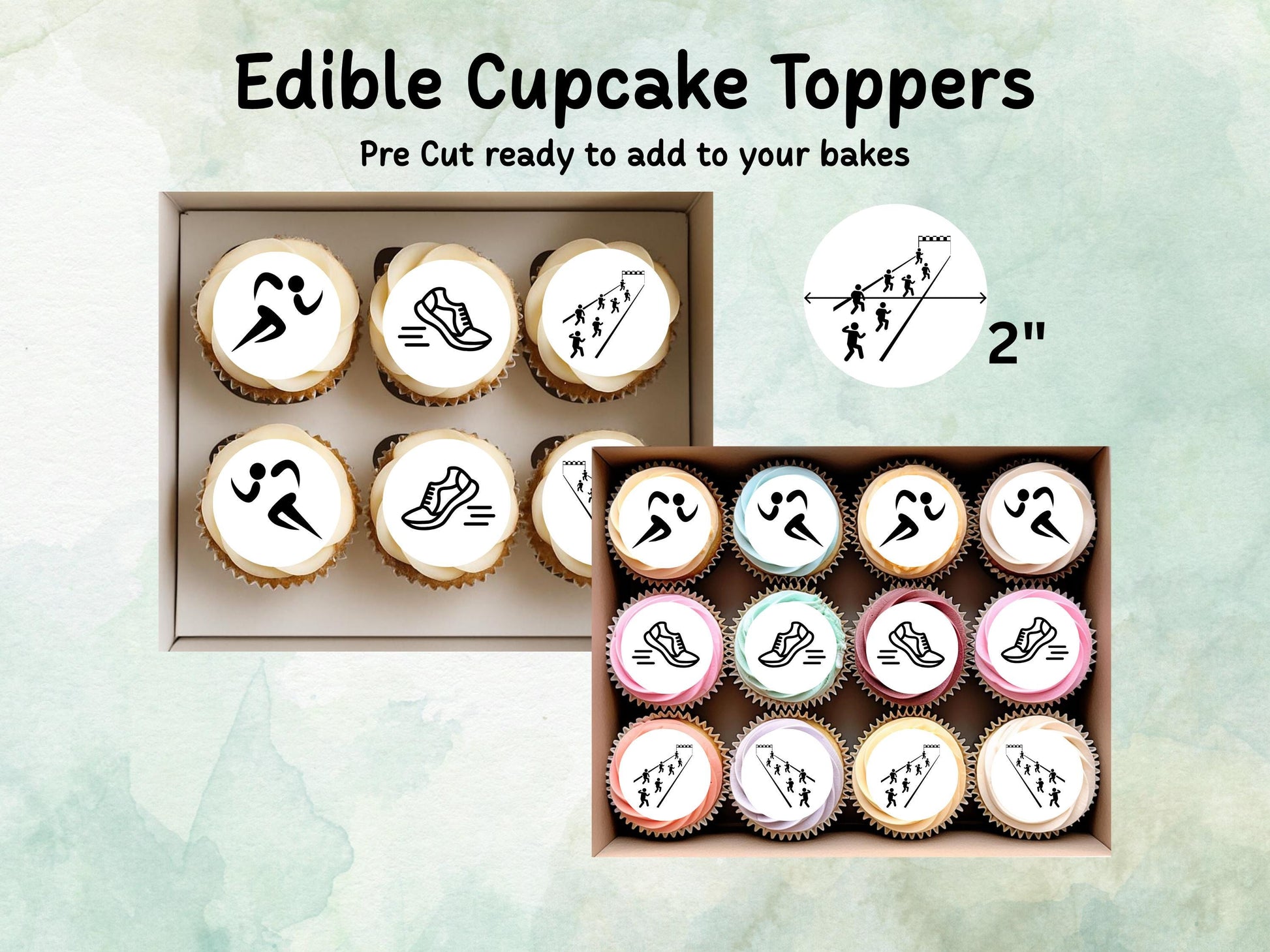 Running Edible Cupcake Toppers 12 x 2" – Pre cut Wafer Paper, Card or Icing Sheet, Marathon Party Decorations, Race Day Cake Image