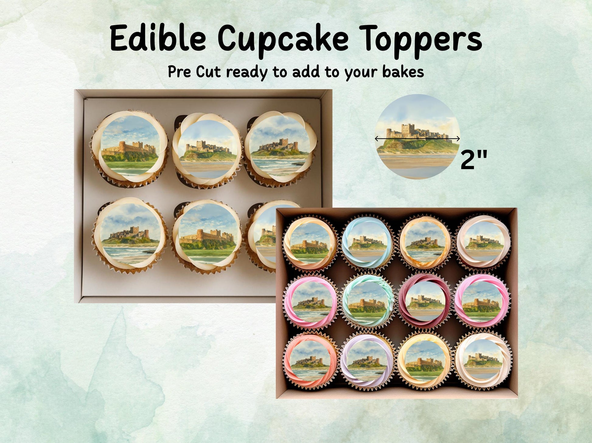 Bamburgh Castle Edible Cupcake Toppers 12 x 2" – Pre cut Wafer Paper, Card or Icing Sheet, Historic Landmark Cake Decor, UK Travel gift