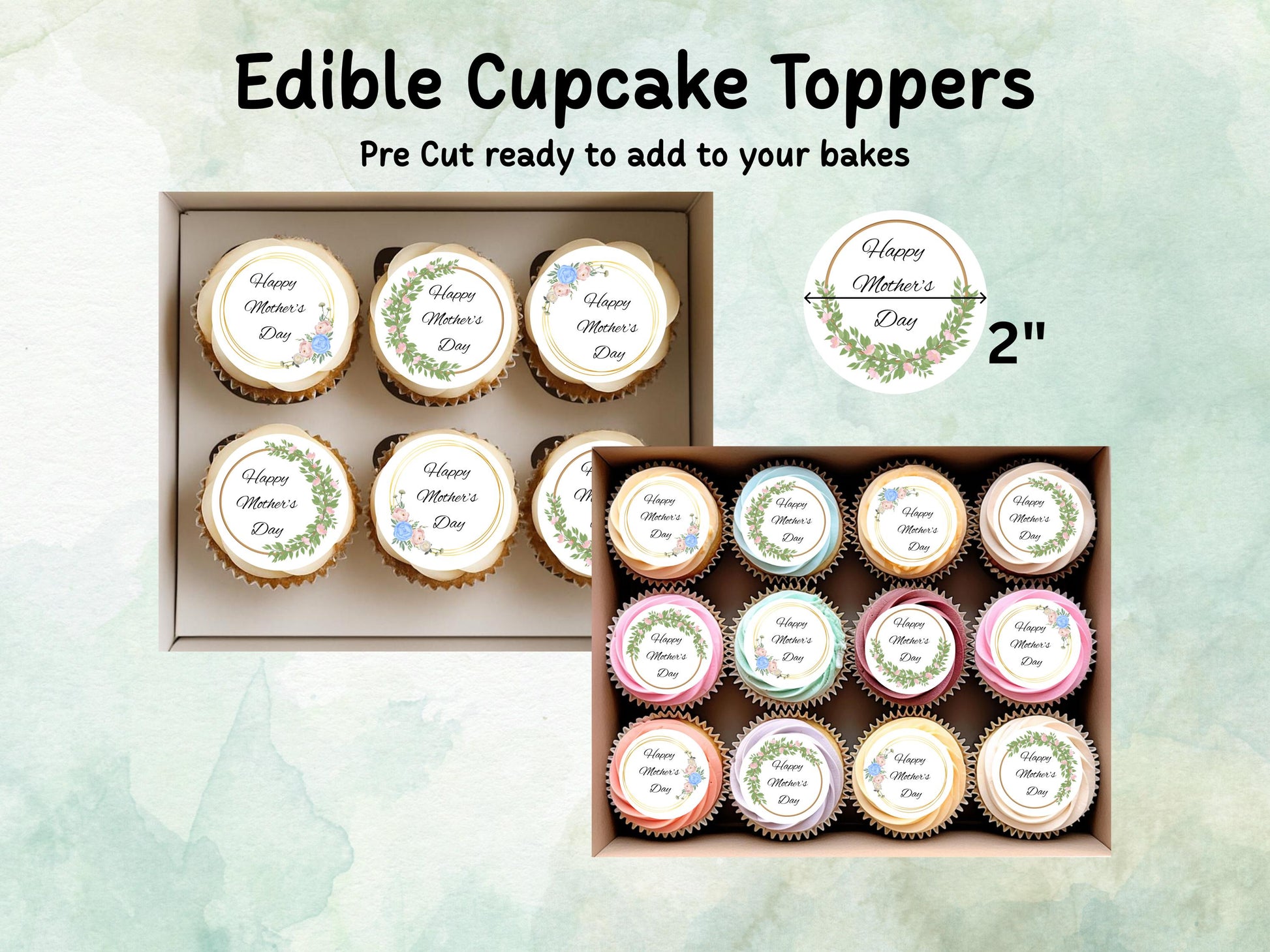 Happy Mother's Day Edible Cupcake Toppers 12 x 2" – Pre cut Wafer Paper, Card or Icing Sheet, Mothers Day Cake Decoration