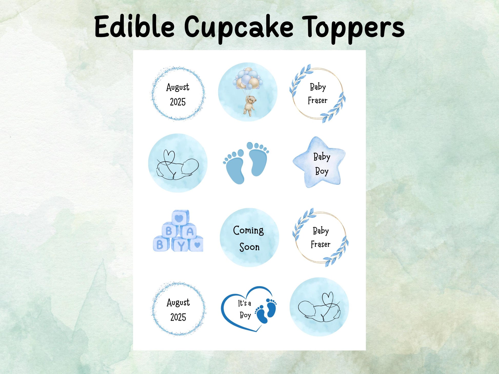 Blue Baby Shower Edible Cupcake Toppers 12 x 2" – Personalised Pre cut Wafer Paper, Card or Icing Sheet, Customisable Cake Decoration