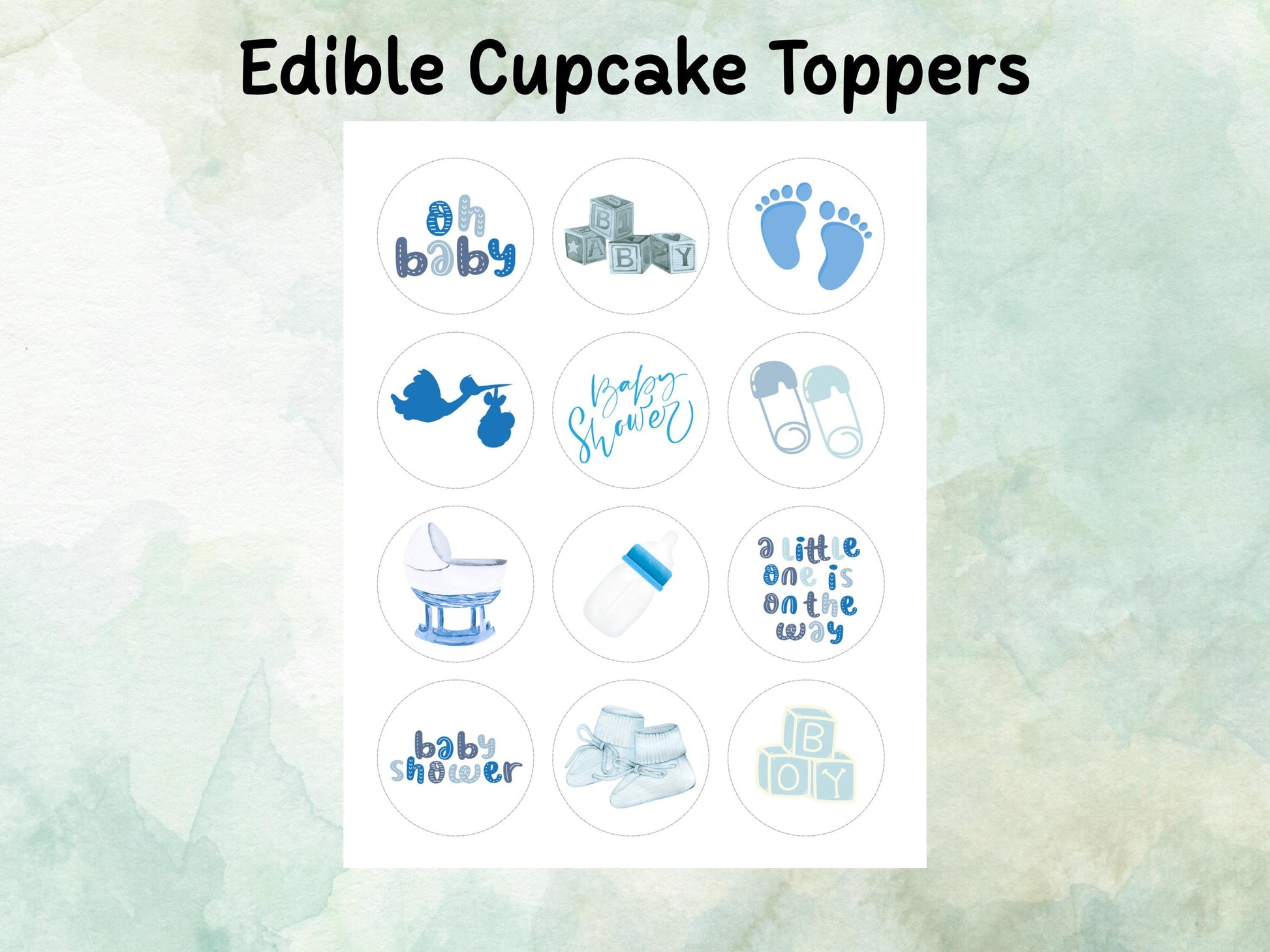 Blue Baby Shower Edible Cupcake Toppers 12 x 2"– Pre cut Wafer Paper, Card or Icing Sheet, New Baby Boy Cake Decoration