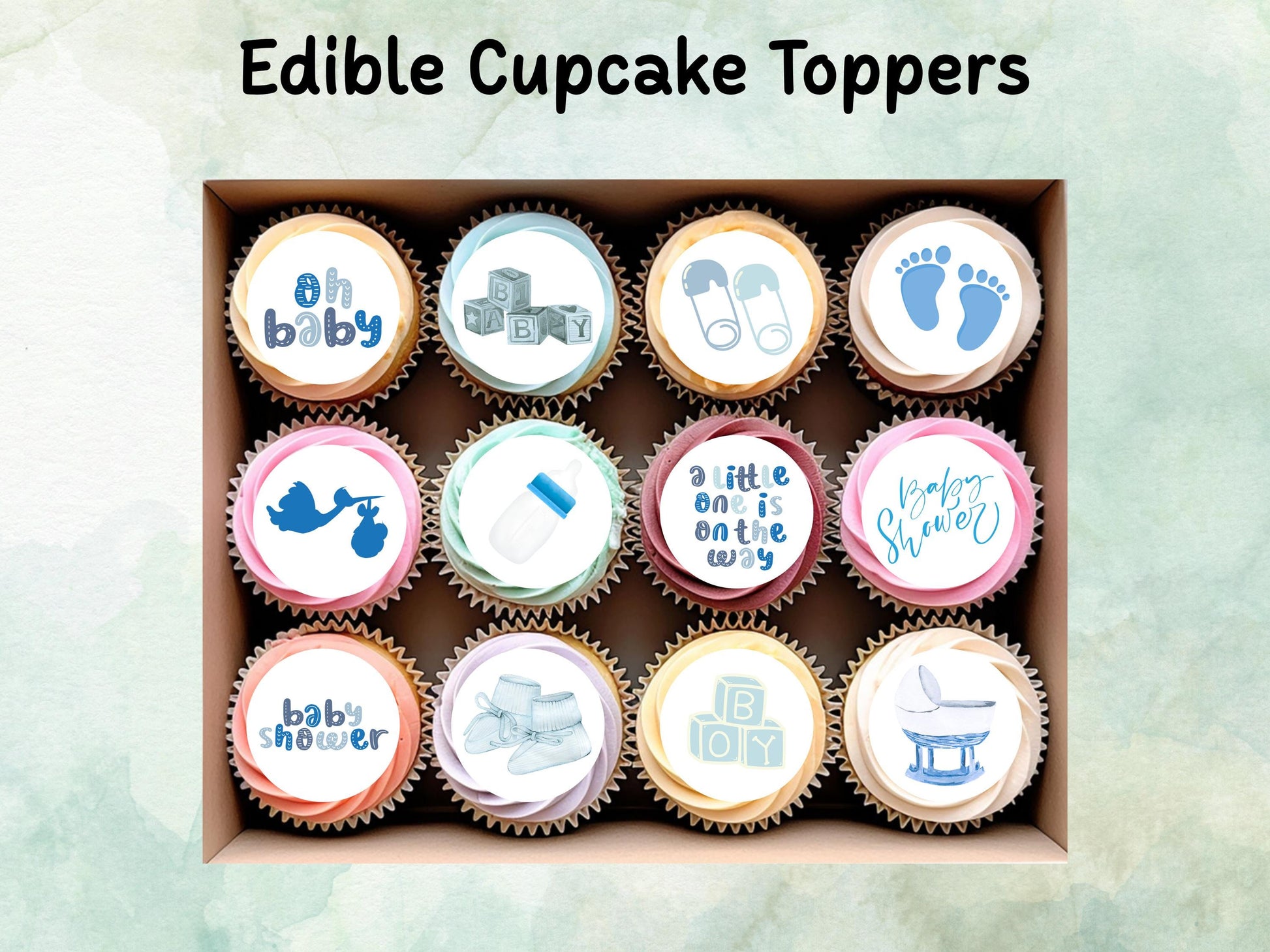 Blue Baby Shower Edible Cupcake Toppers 12 x 2"– Pre cut Wafer Paper, Card or Icing Sheet, New Baby Boy Cake Decoration
