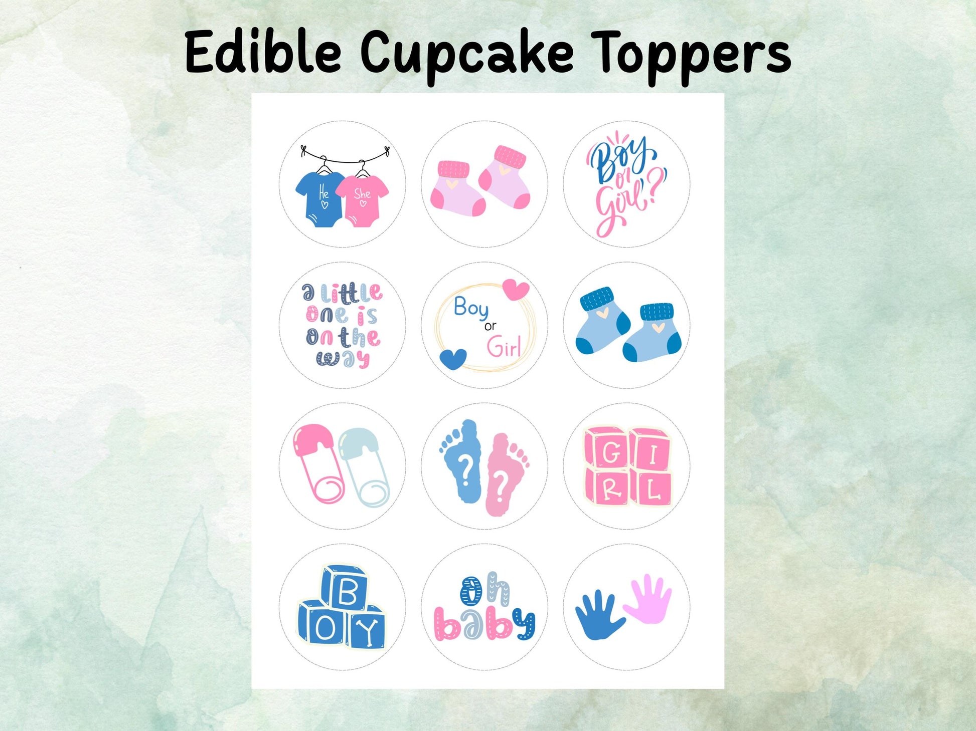 Pink & Blue Baby Shower Cupcake Toppers 12 x 2" – Pre cut Wafer Paper, Card or Icing Sheet, Gender Reveal Cake Decoration