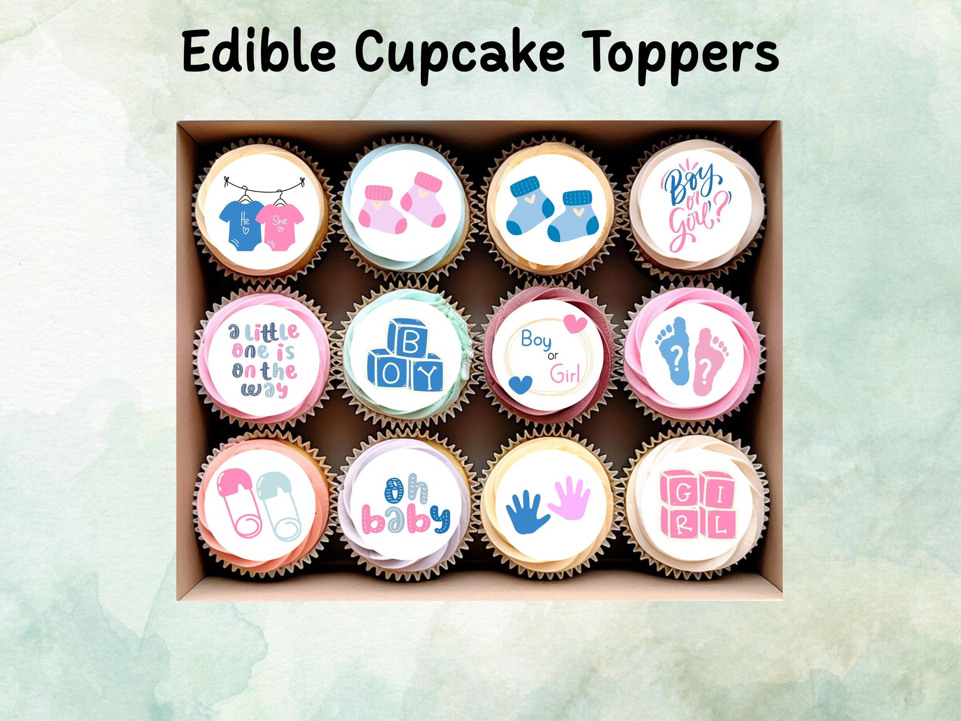 Pink & Blue Baby Shower Cupcake Toppers 12 x 2" – Pre cut Wafer Paper, Card or Icing Sheet, Gender Reveal Cake Decoration
