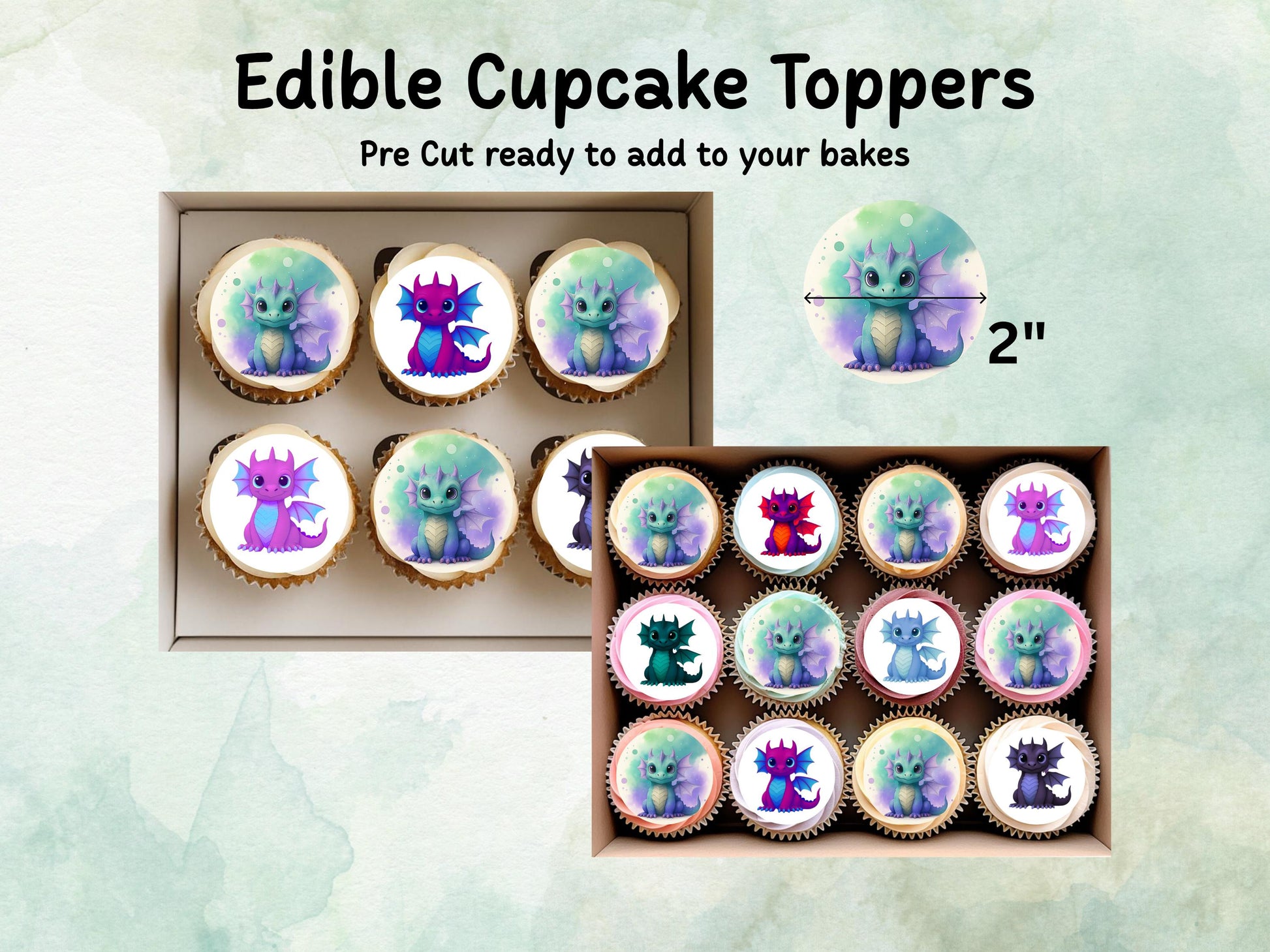 Dragon Edible Cupcake Toppers 12 x 2"– Pre cut Wafer Paper, Card or Icing Sheet, Cupcakes, Cookies, Cake, Birthday, Dragons cute