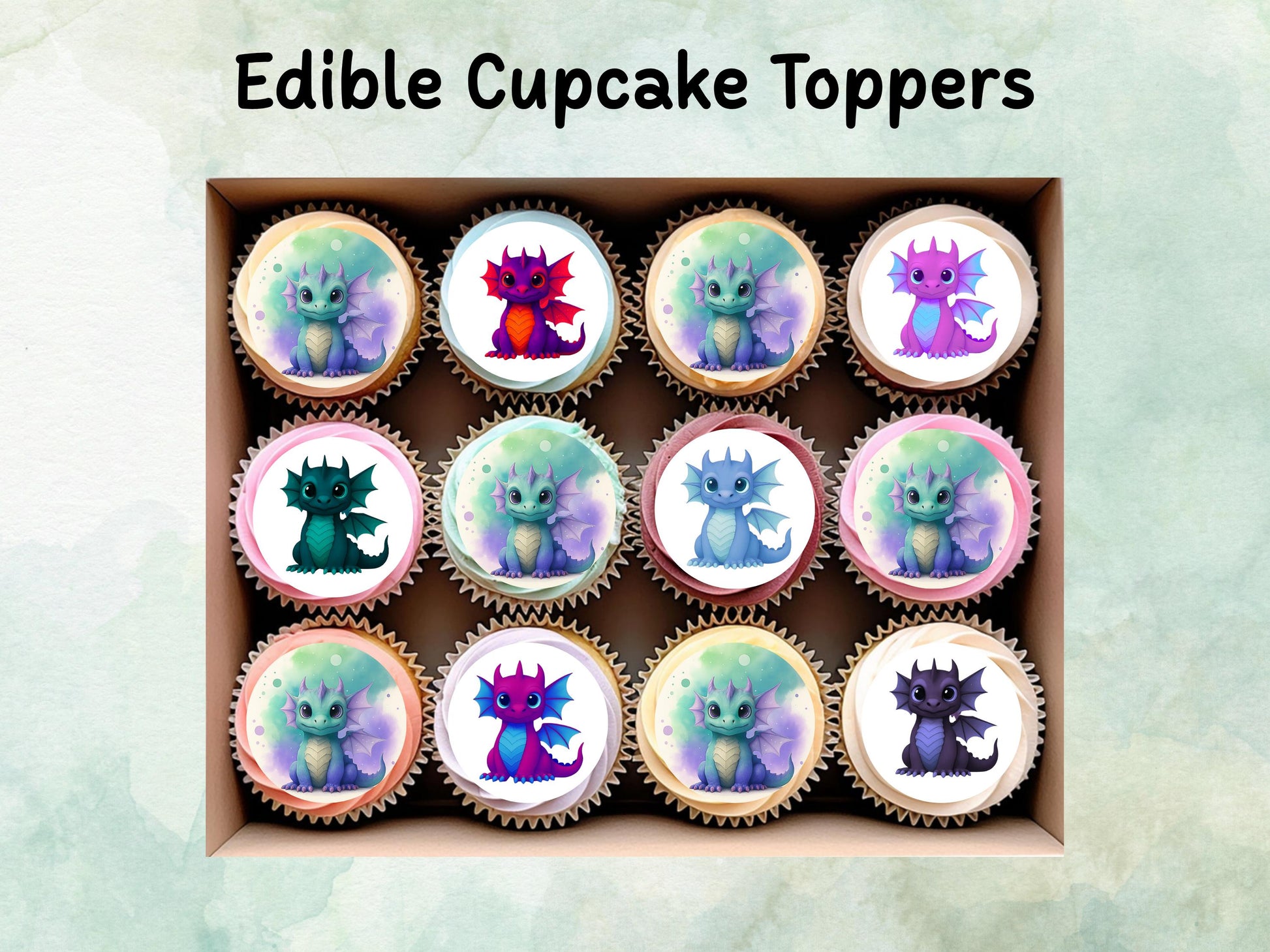 Dragon Edible Cupcake Toppers 12 x 2"– Pre cut Wafer Paper, Card or Icing Sheet, Cupcakes, Cookies, Cake, Birthday, Dragons cute