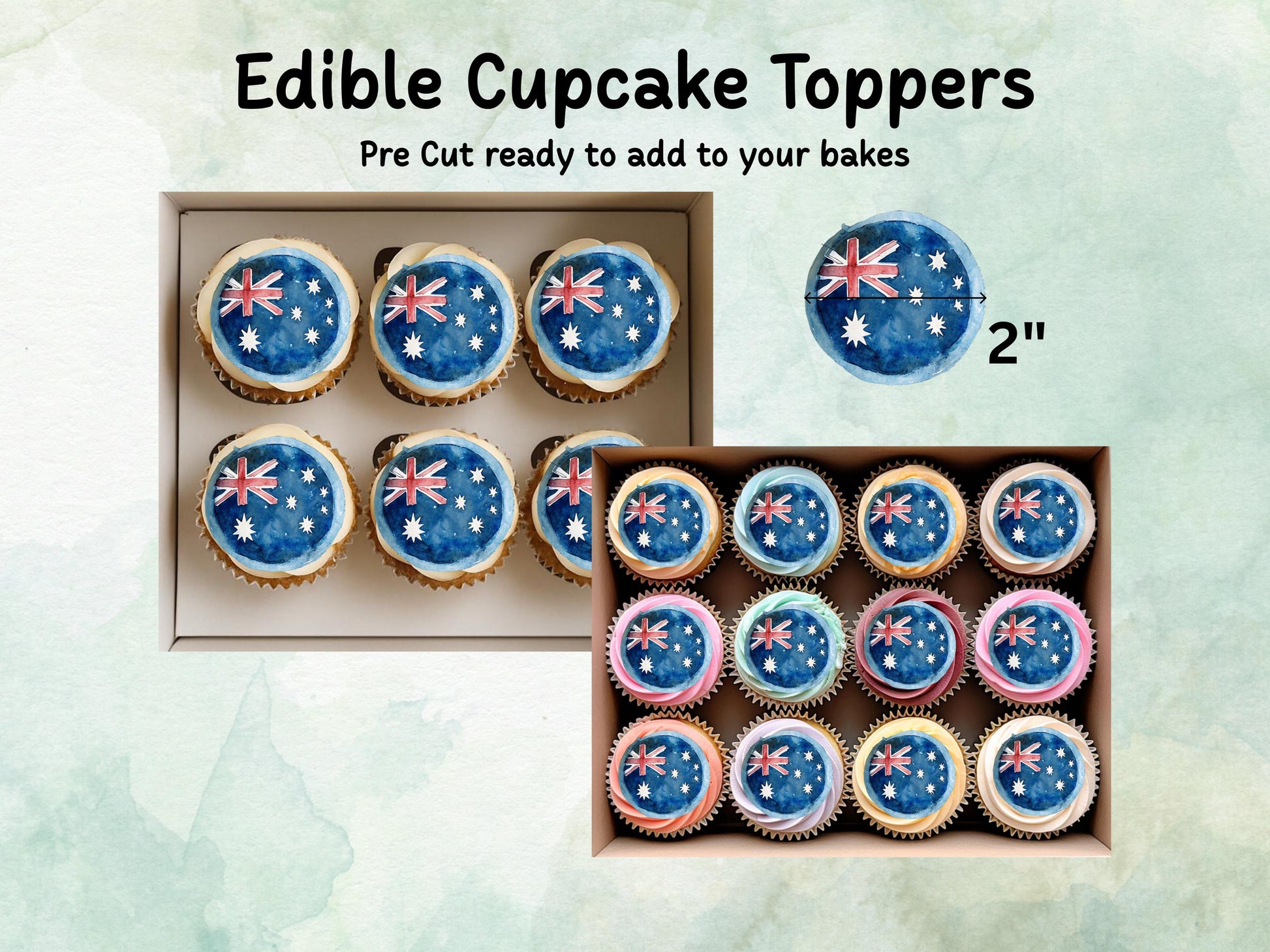Australian Flag Edible Cupcake Toppers 12 x 2" – Pre cut Wafer Paper, Card or Icing Sheet, Italy Cake Decorations