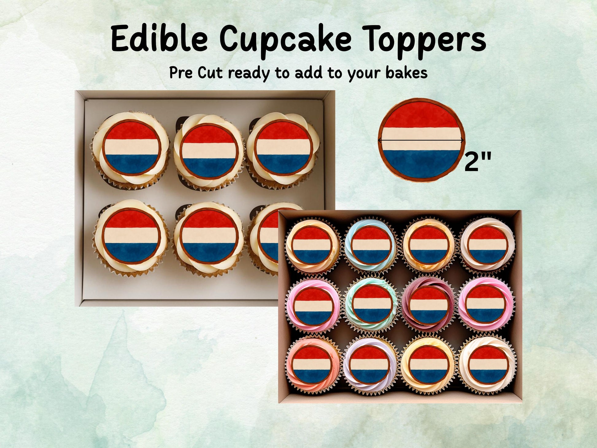 Netherlands Flag Edible Cupcake Toppers 12 x 2" – Pre cut Wafer Paper, Card or Icing Sheet, Dutch Cake Decorations