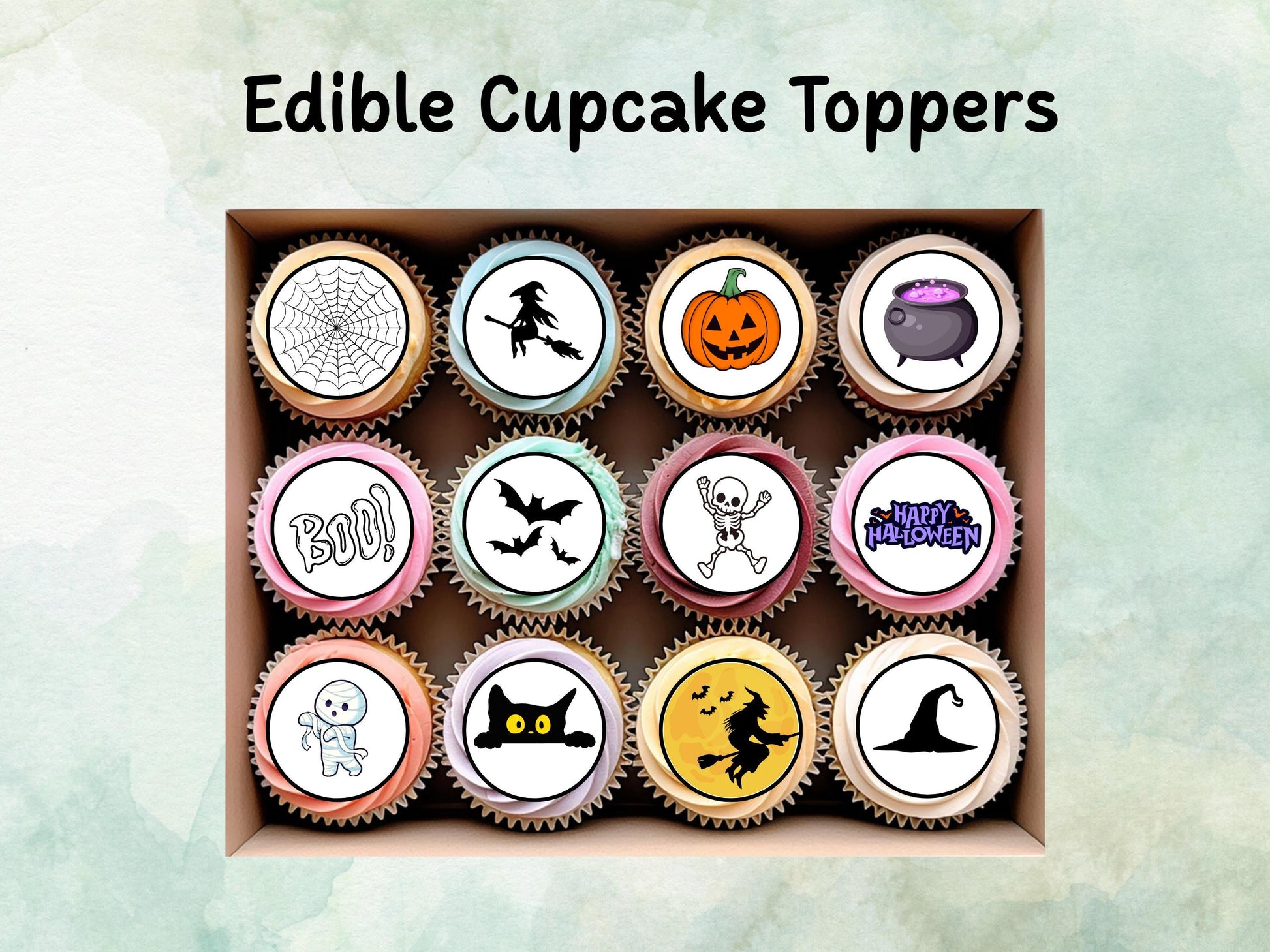 Halloween Edible Cupcake Toppers 12 x 2" – Pre cut Wafer Paper, Card or Icing Sheet, Witch, Pumpkin, Skeleton & BOO! Design Spooky Cakes