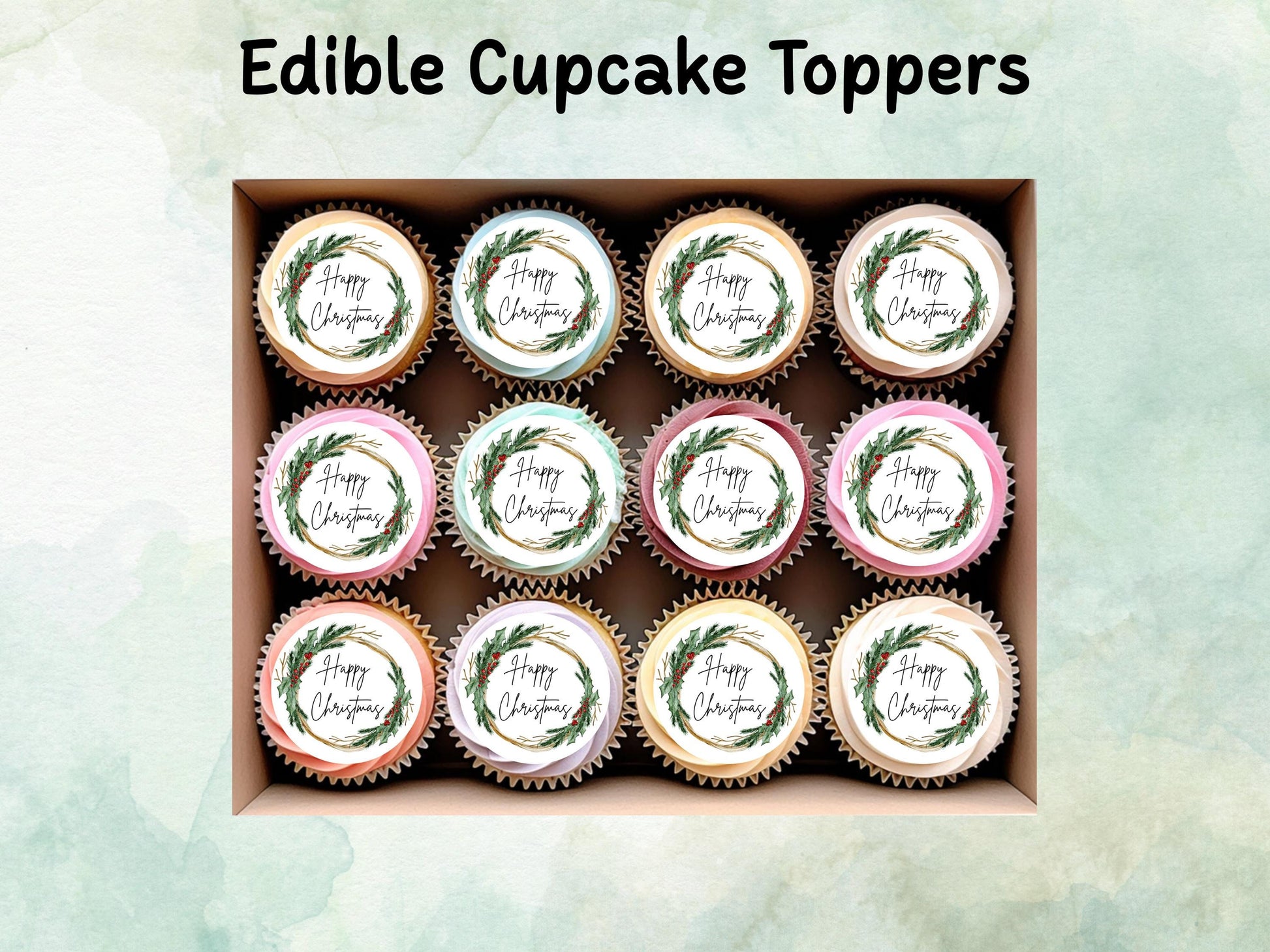Christmas Edible Cupcake Toppers 12 x 2" – Pre cut Wafer Paper, Card or Icing Sheet, Happy Christmas Wreath Festive Cupcakes