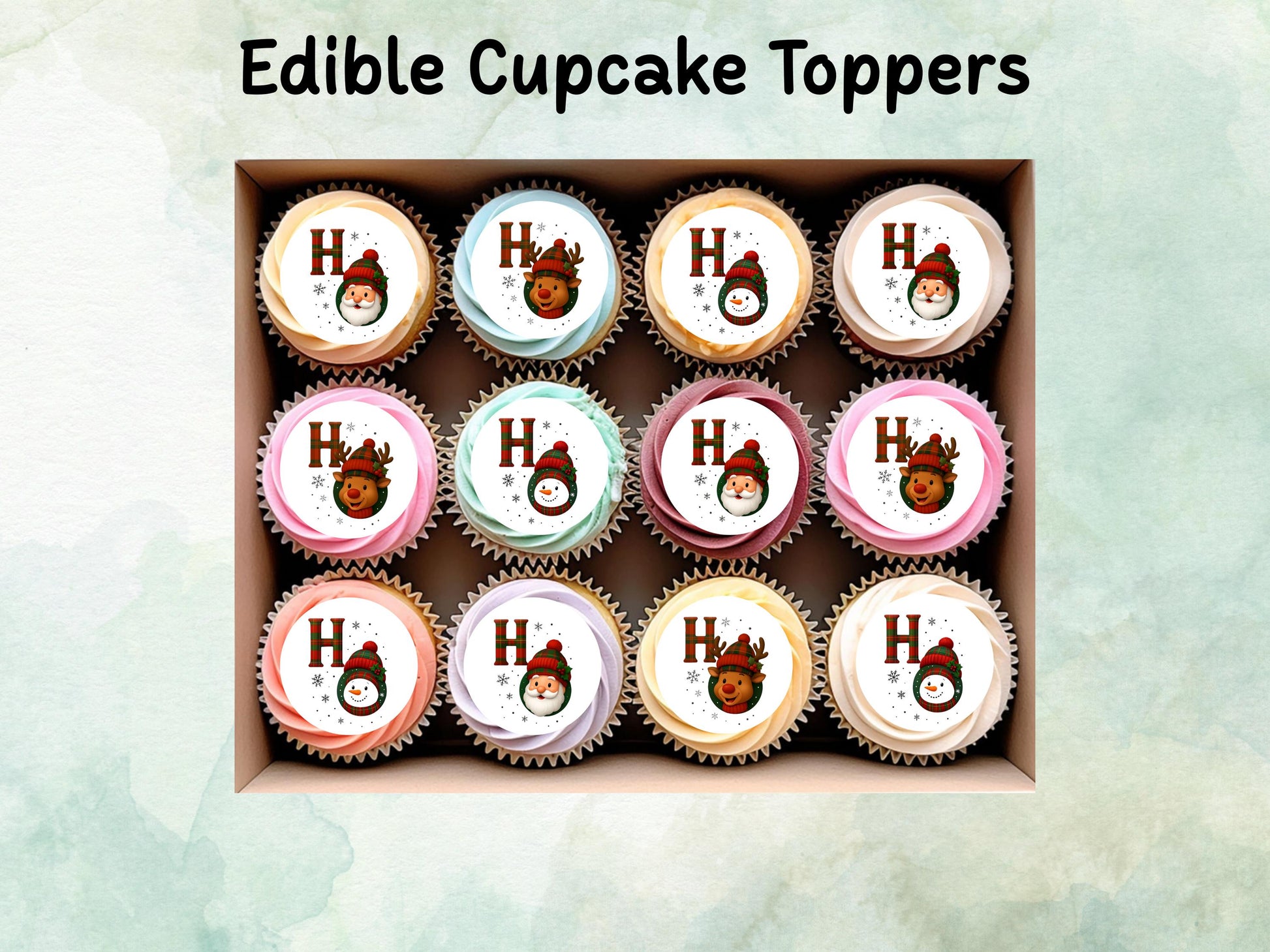 Christmas Character Edible Cupcake Toppers 12 x 2" – Pre cut Wafer Paper, Card or Icing Sheet, Santa, Reindeer & Snowman, Festive Party