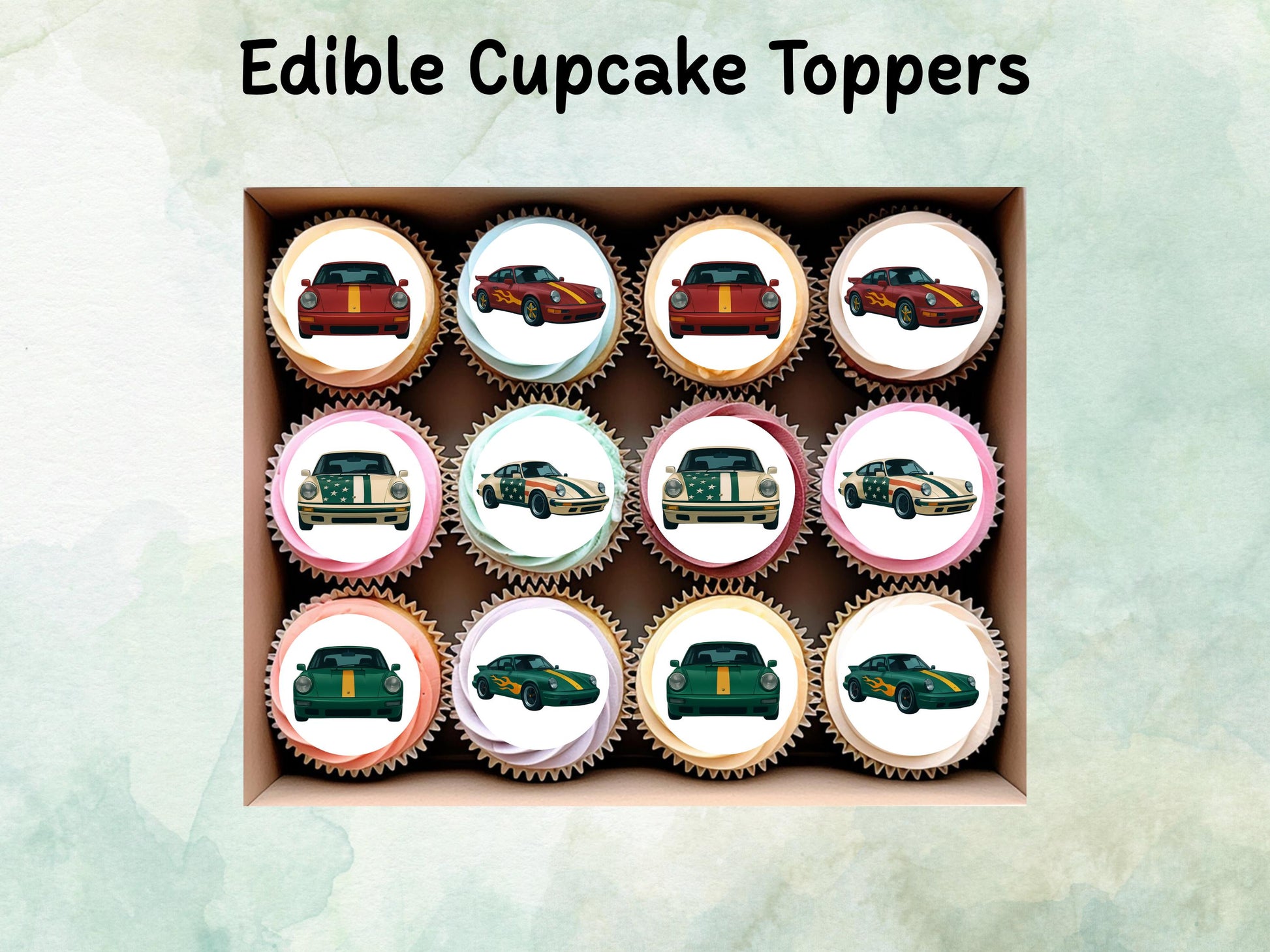 Retro Sports Car Edible Cupcake Toppers 12 x 2"– Precut Wafer Paper, Icing Sheet or Wafer Card – Racing Car Birthday Party Decor