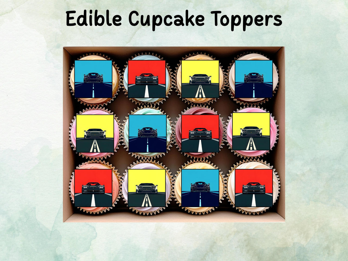 Sports Car Edible Cupcake Toppers 12 x 2" – Pre cut Wafer Paper, Card or Icing Sheet, Racing Party Decorations, Fast Car Birthday Topper