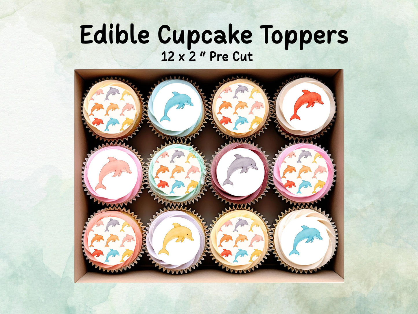 Dolphin Edible Cupcake Toppers 12 x 2"– Pre cut Wafer Paper, Card or Icing Sheet, Birthday, Cupcakes, Cookies, Cake, Dolphin Decoration