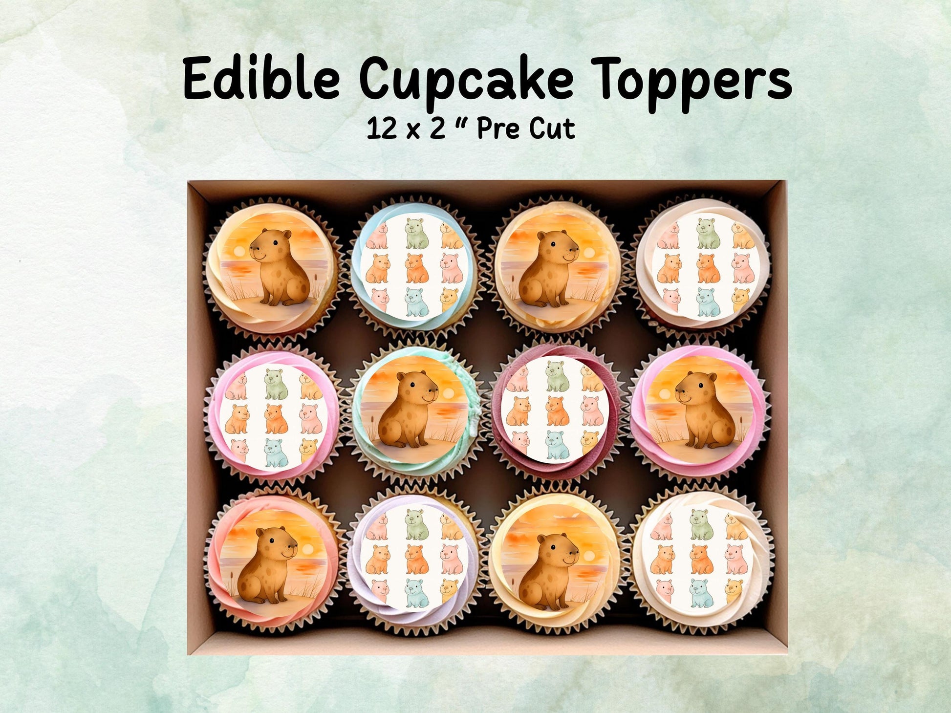 Cute Capybara Edible Cupcake Toppers 12 x 2"– Pre cut Wafer Paper, Card or Icing Sheet, Birthday, Cookies, Cake, Capybara Decorations